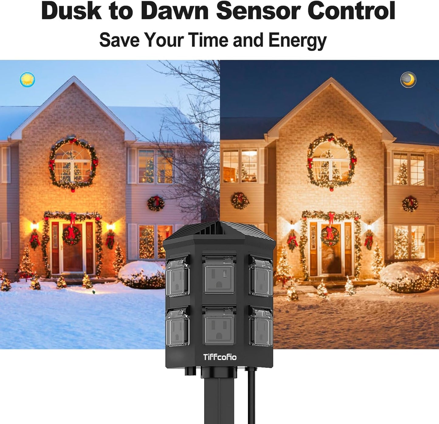TiFFCOFiO Outdoor Power Stake Timer, 100FT Remote Control, Dusk to Dawn Christmas Light Timer, 6FT Extension Cord Waterproof, 6 Grounded Outlets for Outdoor Christmas Decorations, ETL Listed