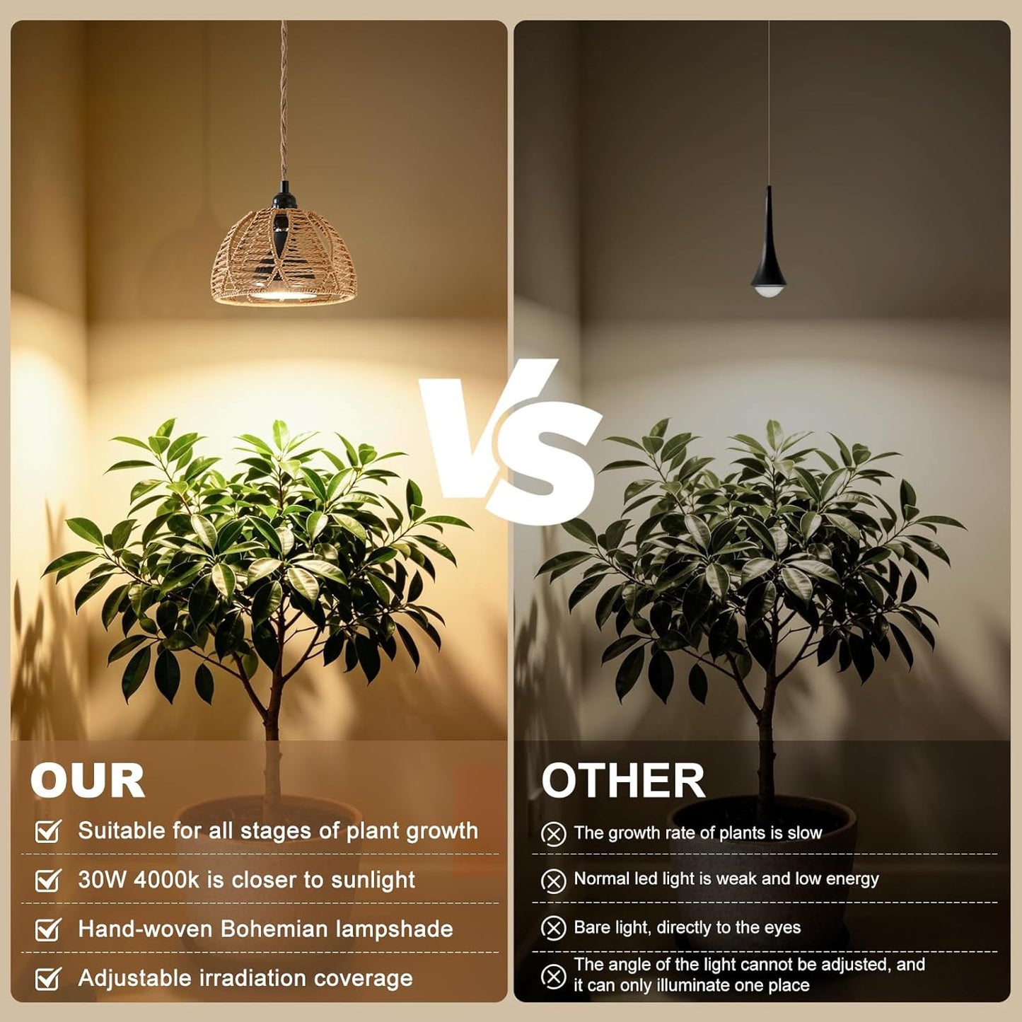Hanging Grow Lights for Indoor Plants, Full Spectrum Plant Light, with Timer and 15FT Power Cord, 30W Pendant Plant Lights for Indoor Growing, Garden, Flowers, Greenhouse