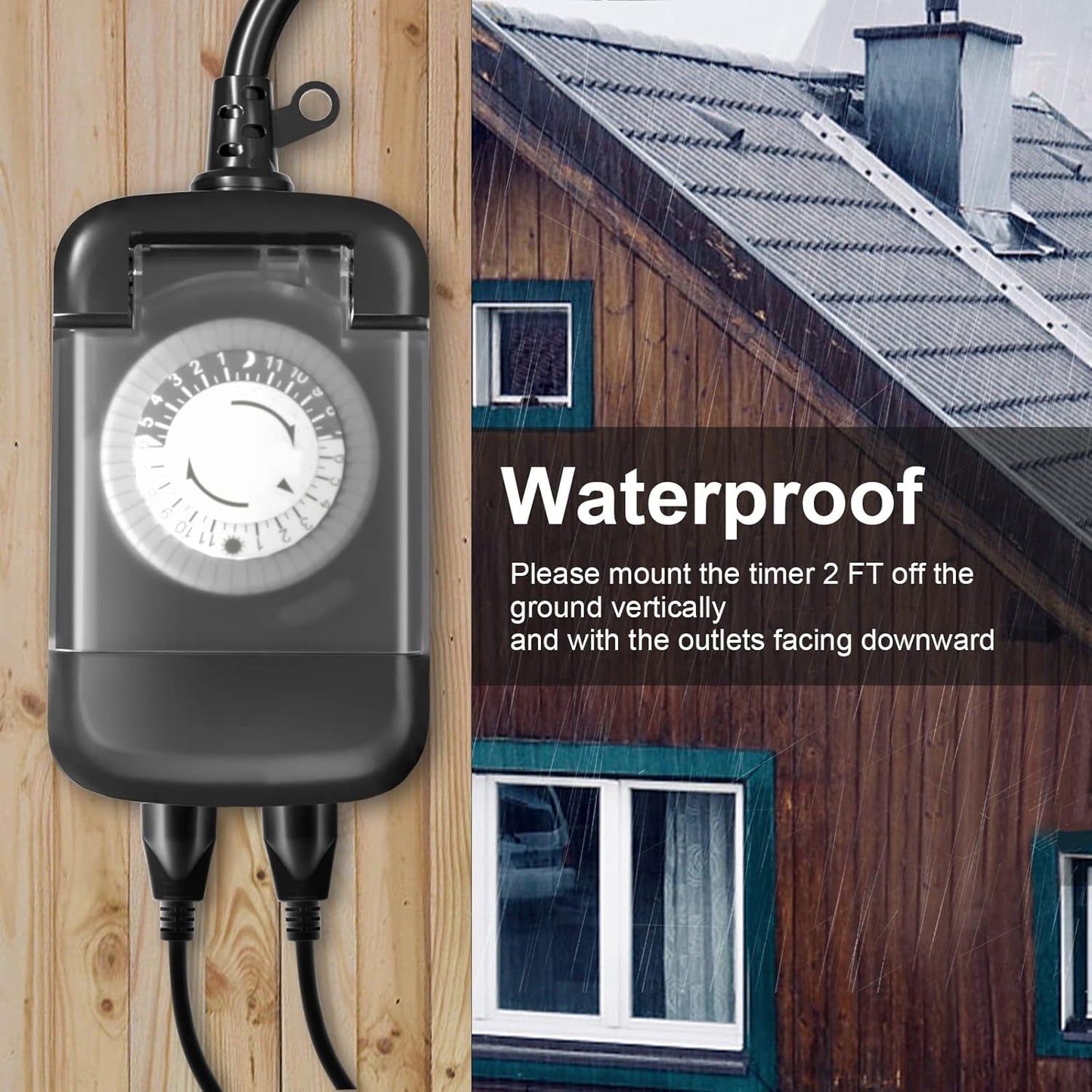 24 Hour Outdoor Mechanical Timer Switch with Two Ground Outlets, Variable On/Off Setting Every 30 Minutes, 48 Pin Setting Dial, Up to 24 Events Per Day,ETL Listed,Black