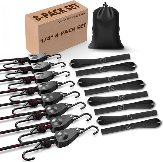 VIPARSPECTRA Ratchet Tie Down Straps, 1/4" Adjustable Rope Hangers [8 Pack, 12FT, 150 lbs/Pack], Heavy Duty Kayak Pulley System with Hooks for Garage Cargo Trucks Tents Grow Lights Various Lashing