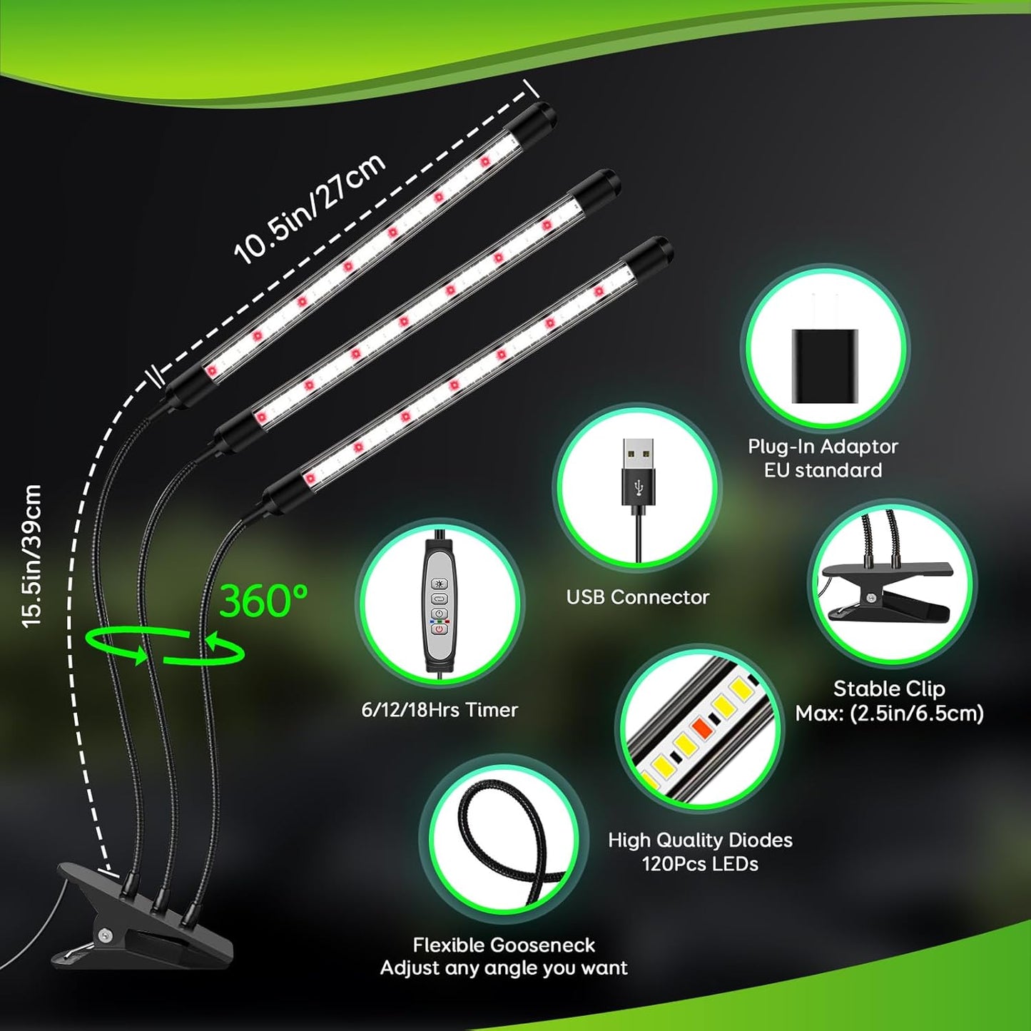 SDOVUERC Tri-Heads Grow Lights for Indoor Plants, Full Spectrum Plant Lights for Indoor Growing with Adjustable 360° Gooseneck, 6/12/18H Timer & Dimming for Seedlings(Pack 2)