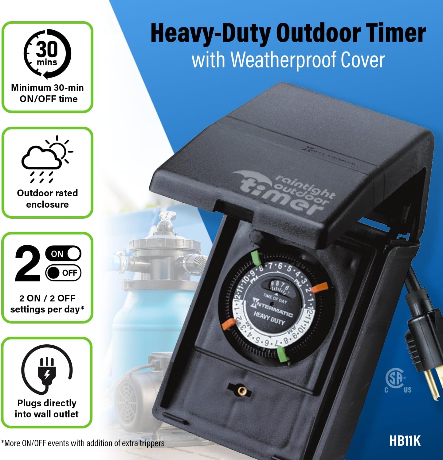 Intermatic HB11K Heavy-Duty Outdoor Plug-in Timer – 2 ON/2 Off Settings, 30-Min Minimum Intervals, Weatherproof Flip Cover, 15A/1800W, 1 HP Rated, 13" Cord – Ideal for Pool Pumps, Lights, Decorations