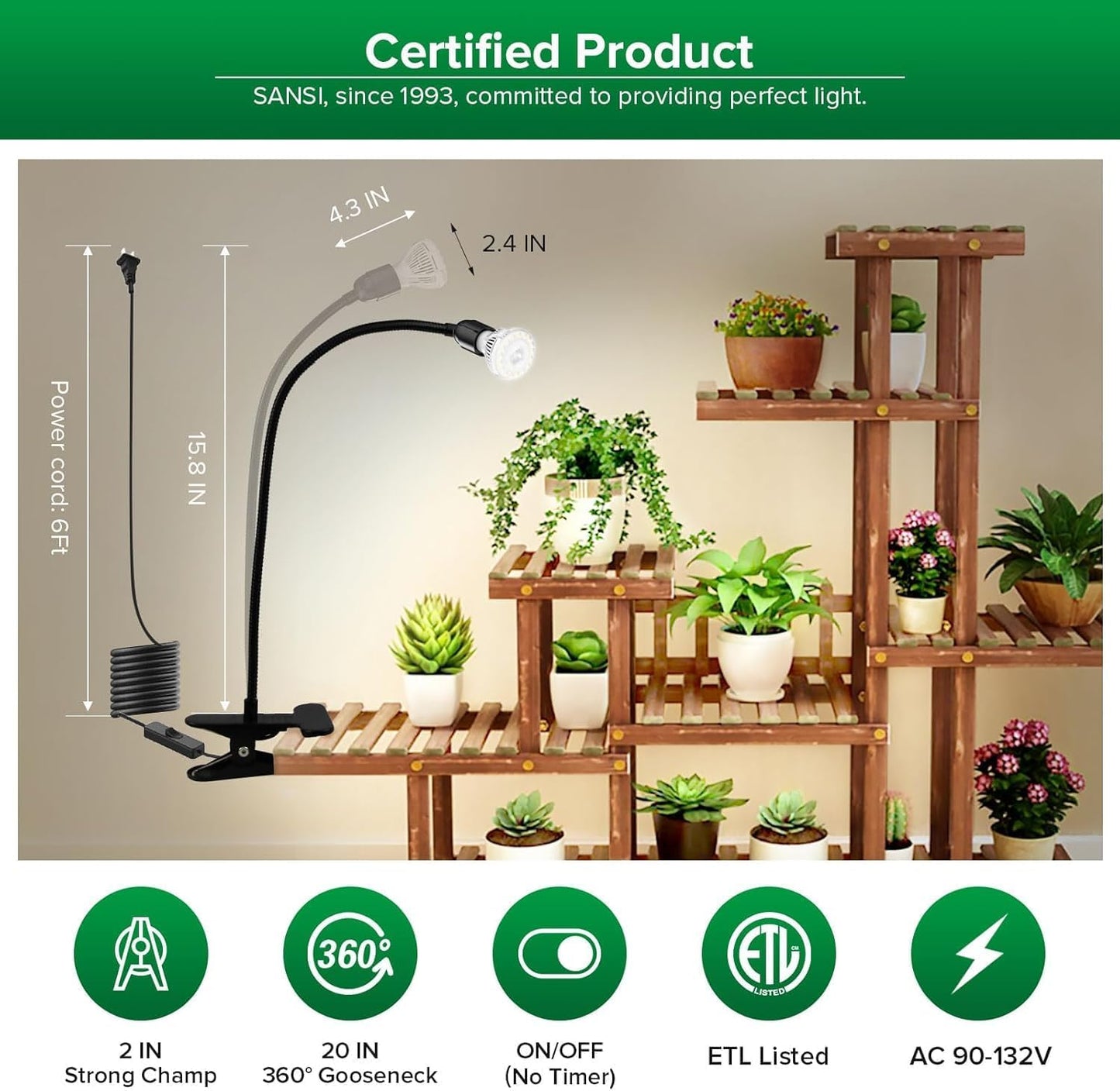 SANSI LED Grow Lights for Indoor Plants, 150W Full Spectrum Gooseneck Clamp Grow Lamp, 10W Power Plant Light with High PPFD for Seeding, Lifetime Free Bulb Replacement Plant Lights for Indoor, 1 Head
