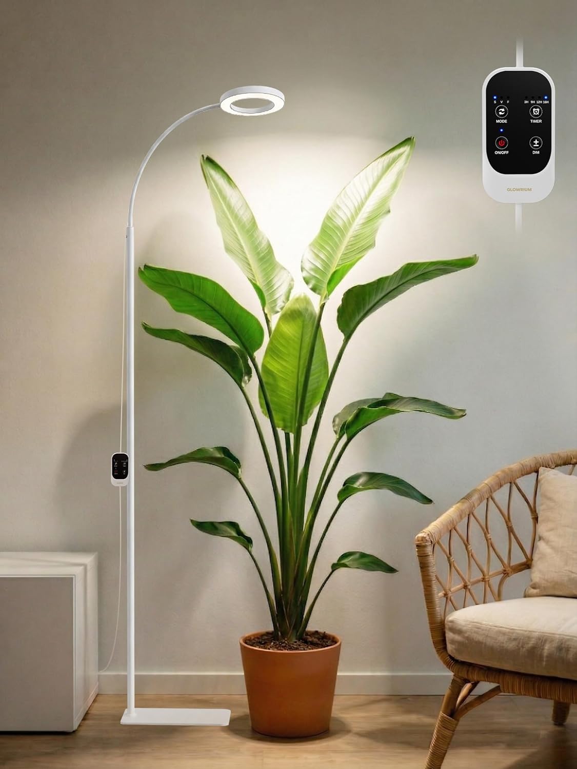 GLOWRIUM Grow Lights for Indoor Plants,20W Full Spectrum LED Plant Light with Stand,Adjustable Height,3/9/12H Timer,6 Dimmable Levels & 3 Lighting Modes (White-Single Head)