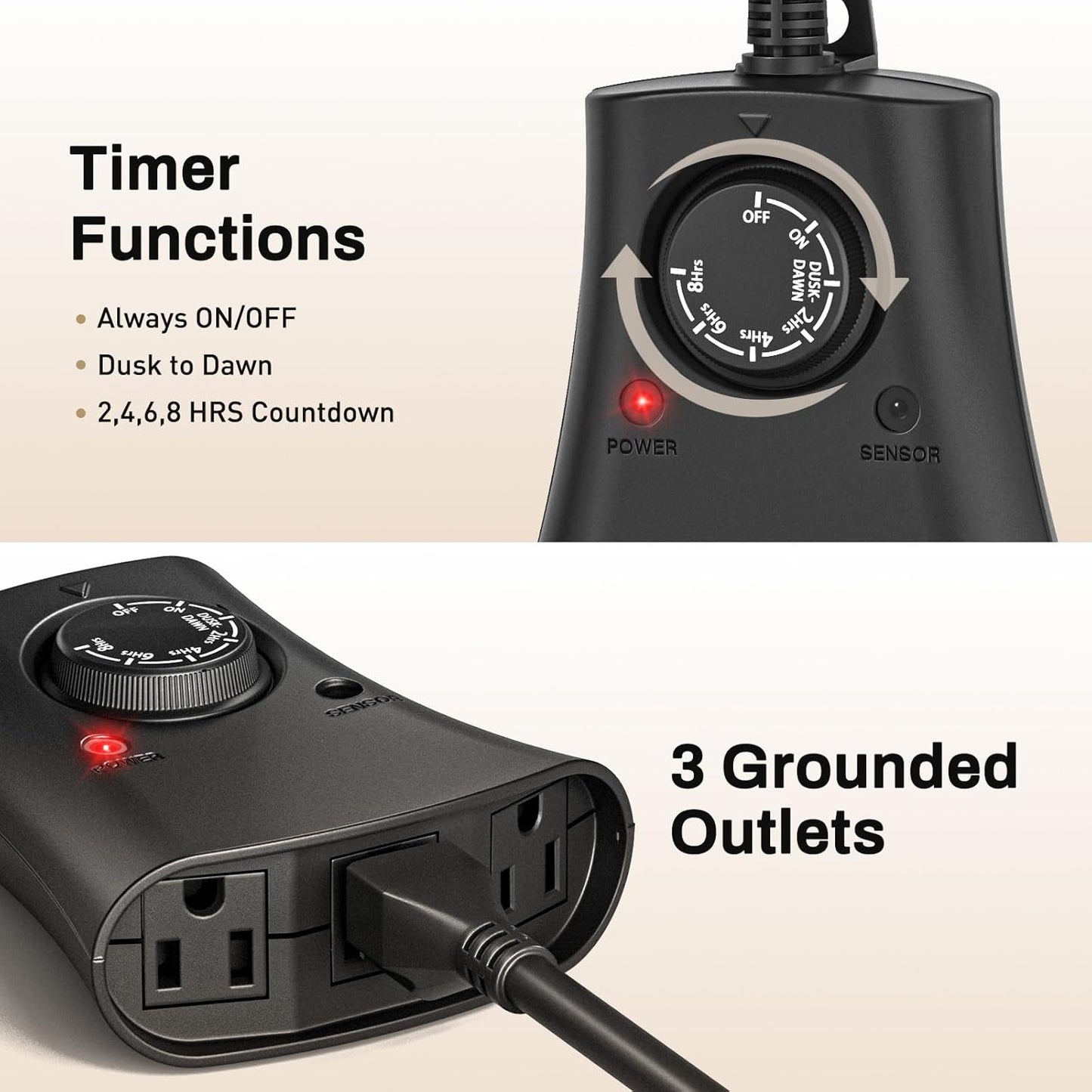 Lights Plug Timer Outdoor, Dusk to Dawn Electrical Timer Switch with Remote, Waterproof 3 Grounded Electrical Outlets for Halloween Christmas Holiday Lights Patio Yard Garden, UL Listed, 15A 1/2HP