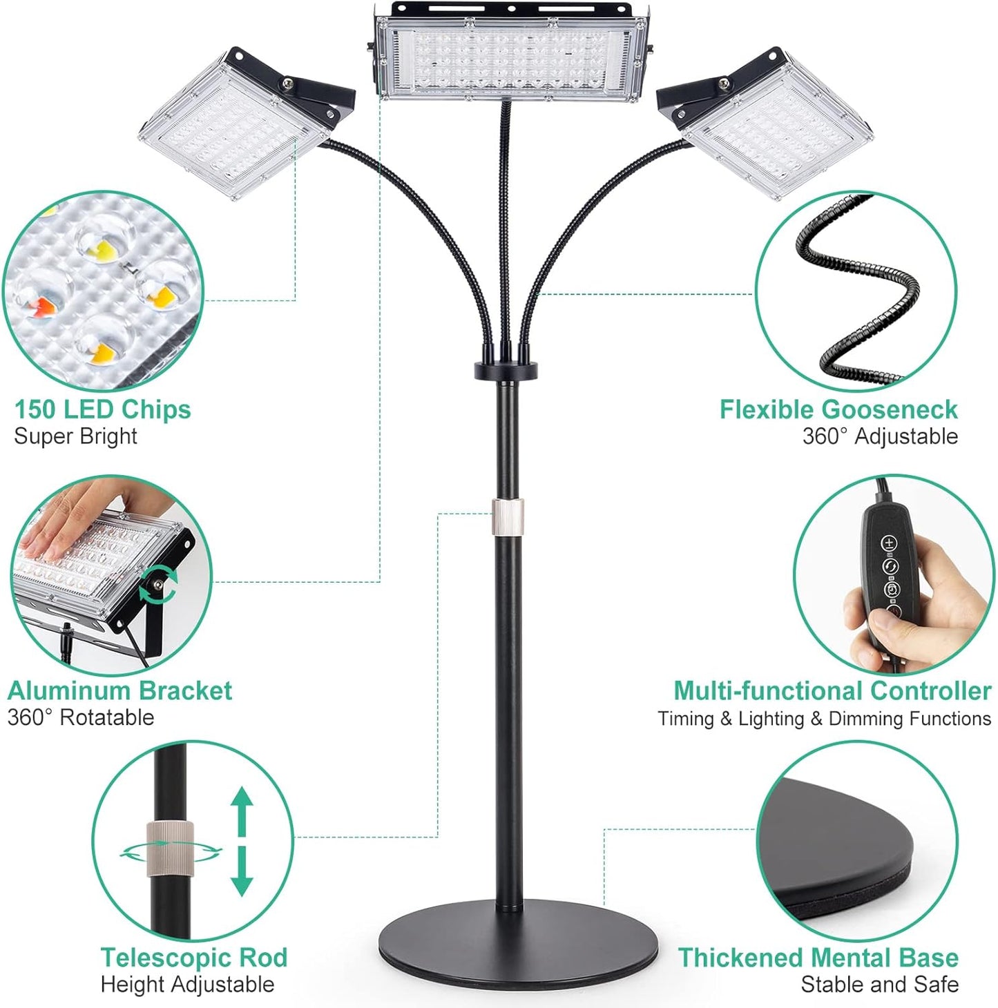 LBW Grow Light for Indoor Plant,Full Spectrum Tri-Head Desk Plant Light,Grow Lamp with 3H/6H/12H Timer,6-Level Brightness,3 Lighting Mode,Height Adjustable,Flexible Gooseneck,Ideal for Indoor Growth