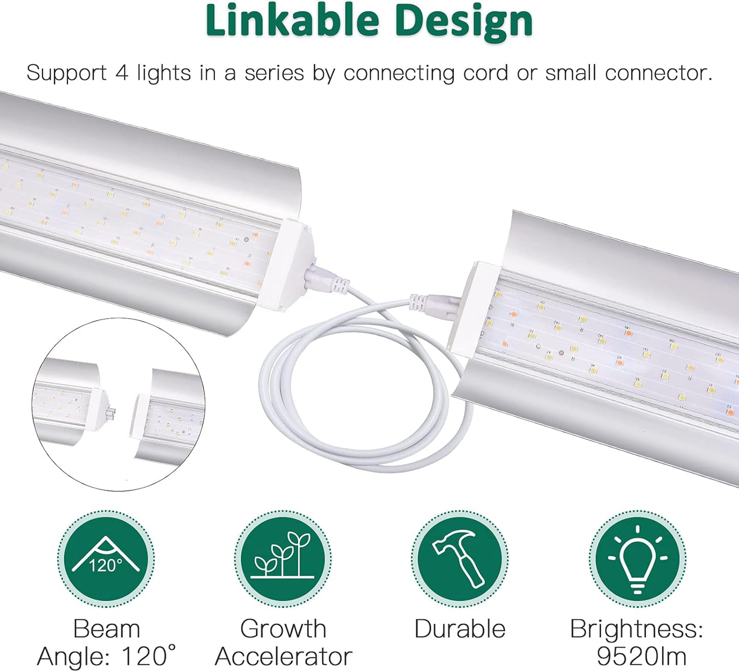SZHLUX LED Grow Light 4ft 140W (2×70W) Full Spectrum 660nm 730 IR Included LED Plant Light for Indoor Plants, Super Bright Linkable Hanging Grow Light Sunlight Replacement Strip with Reflector