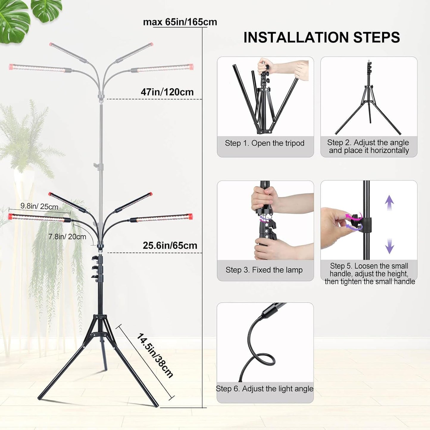 Grow Light with Stand and Timer 4,8,12,16,20 Hr, 36 Watt Standing Tall Plant Light for Bonsai Tree, Seed Starting, 24"-64" Adjustable Tripod Stand Plant Growing Lamps