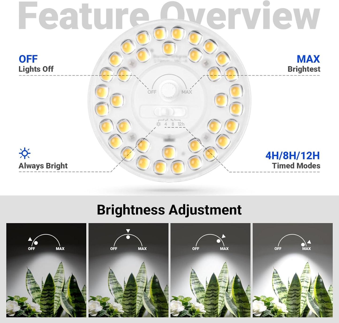 Barrina Orbgrow OG11A Grow Light Bulbs for Indoor Plants, Integrated Dimming & Timing, 5000K 22W(2 x 11W, 200 Watt Equiv), E26 Plant Light Bulb, Full Spectrum for Seeds and Greens, 2 Packs, White