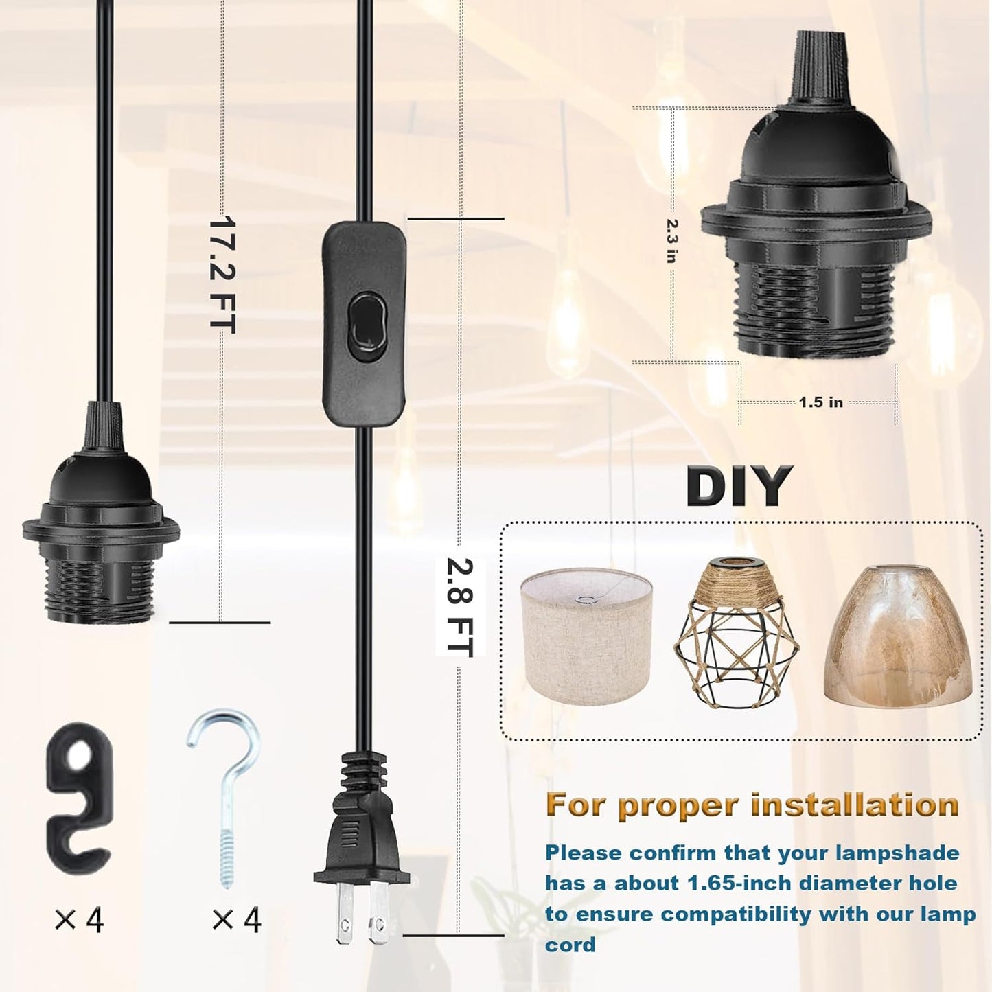 20Ft Pendant Light Cord, Black Plug in Hanging Lamp Kit E26 E27 Corded Light Socket with On/Off Switch, Socket Rings, UL Approval Extension Lantern Cable, 2 Pack