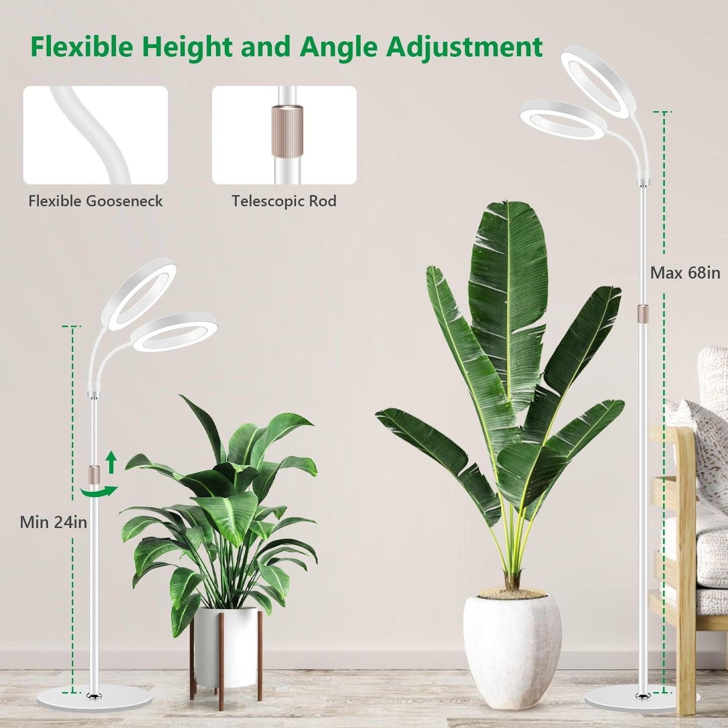 Aumtrly Large Plant Light for Indoor Plants, 2 Head Full Spectrum Grow Light with 68" Adjustable Stand for Growing Large Tall Plants, White Halo Floor LED Grow Lamp with 16 Hour Timer