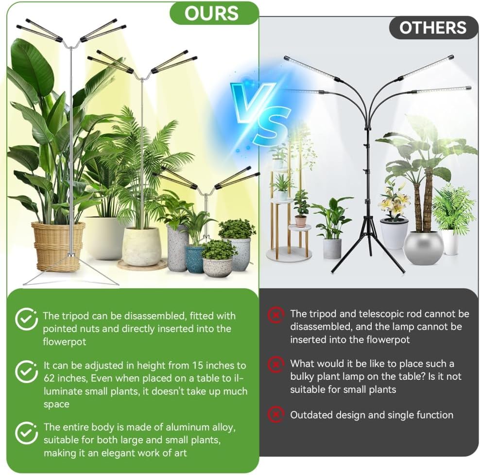 Grow Lights for Indoor Plants Full Spectrum,15-62 Inches Height Adjustable Dsektop and Standing Plant Growing Lights with Detachable Tripod Stand for Large and Small Plants, Auto On/Off Timer