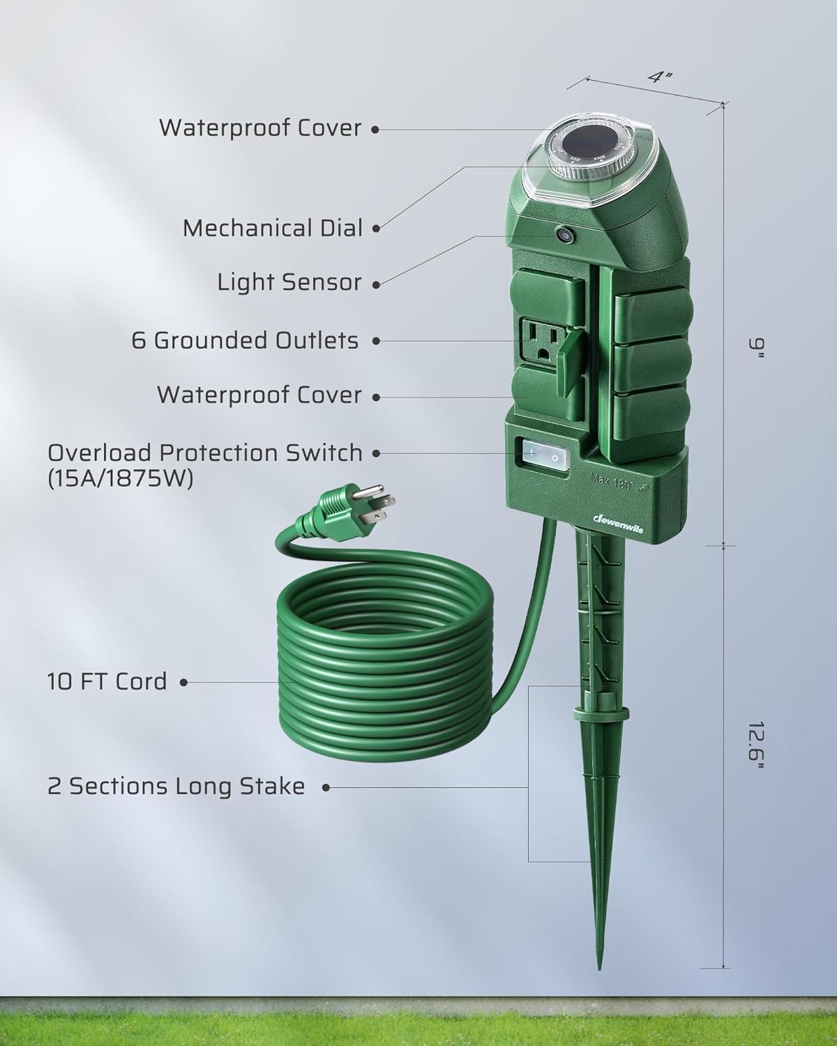DEWENWILS Outdoor Power Strip Timer with Photocell, Weatherproof Countdown Light Control, 6 Outlets 10ft Cord Dusk to Dawn Timer for Lights, Yard, 1875W/15A UL Listed