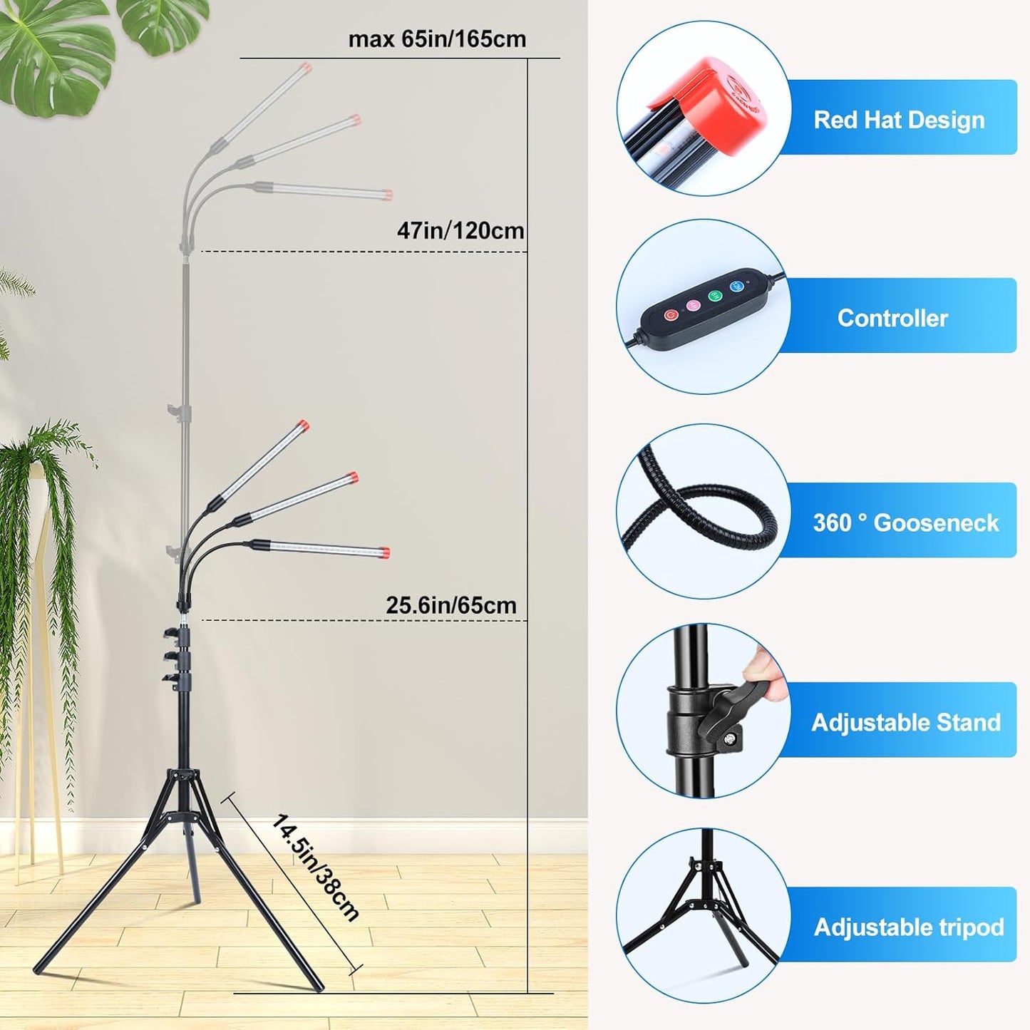 3Head Grow Light with Stand, 5-Mode Timer 4/8/12/16/20H, 27 Watt Power Home Plug LED Grow Lights for Indoor Plants for Tall Houseplants, Bonsai Tree, Seed Starting, 24"-64" Adjustable Height