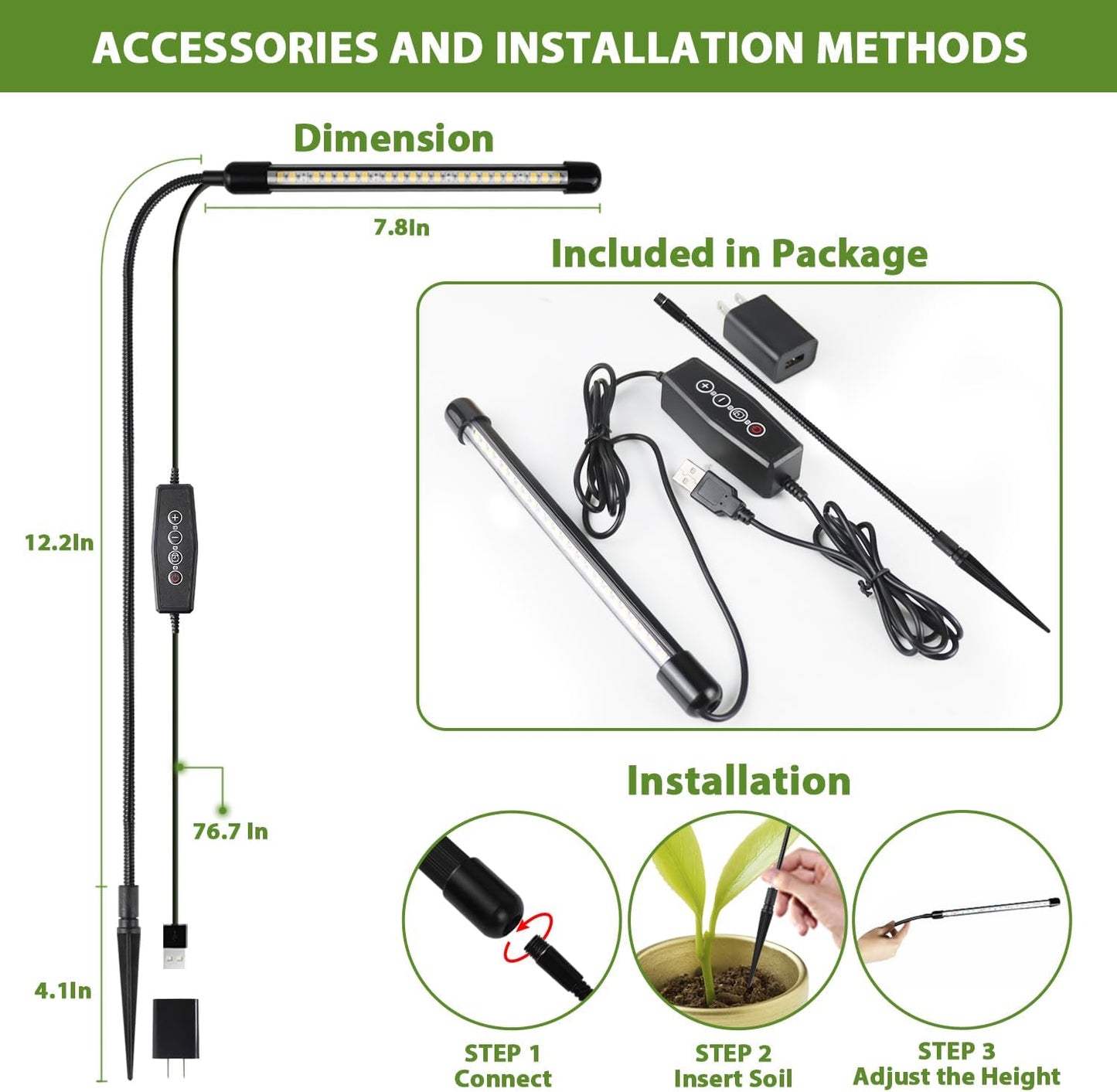 Grow Light 2 Pack, 6000K Full Spectrum Gooseneck Growing Lamp for Indoor Bonsai Pot Succulents Micro Greens Mini Plants, Dimmable & Auto Timer 4 8 12H