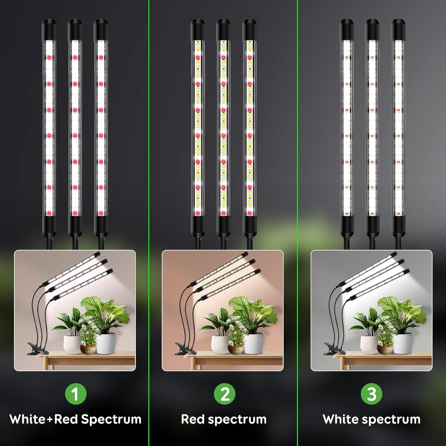 SDOVUERC Tri-Head Clip Grow Light for Indoor Plants, Full Spectrum with 6/12/18H Timer, 5 Dimmable Levels, 3 Spectrum Modes & 360° Gooseneck for Seedlings, Houseplants, Succulents