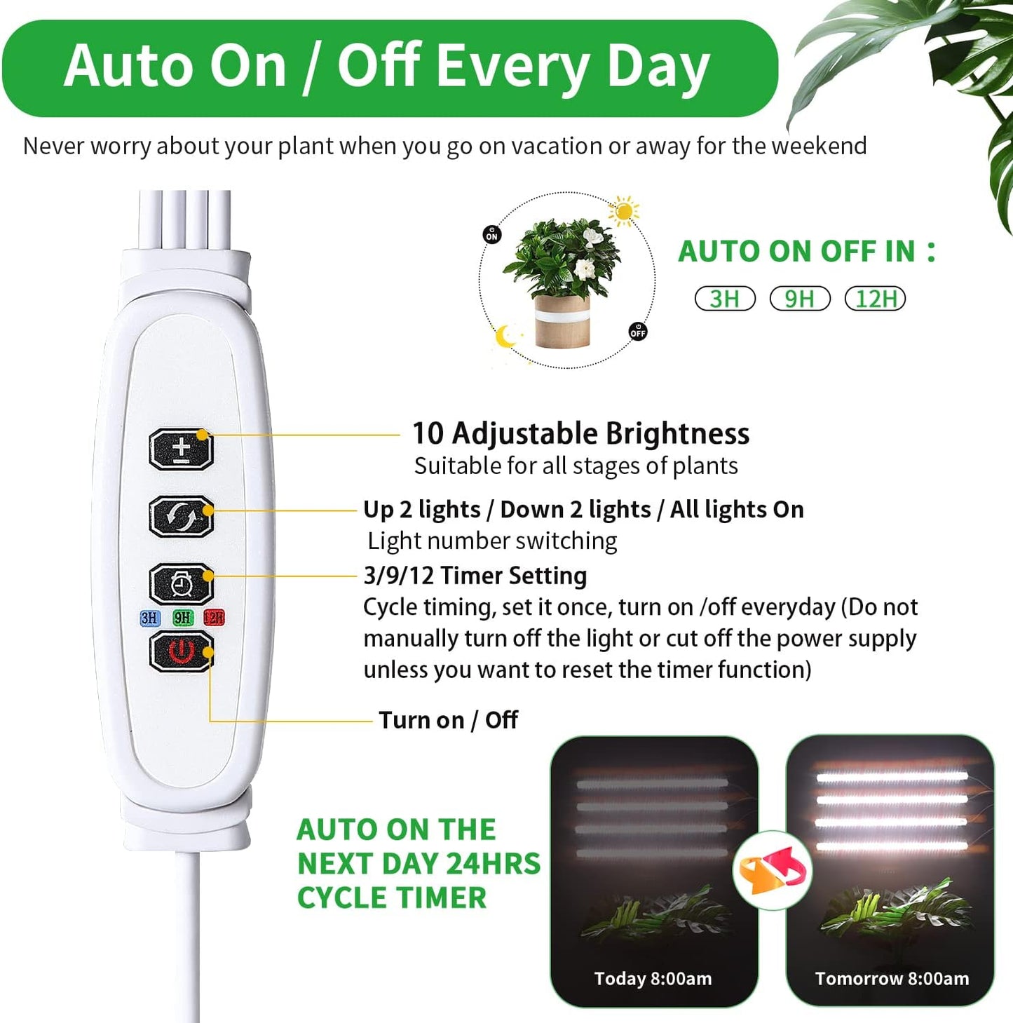 RWNTAO Grow Lights for Indoor Plants, 13" Grow Light Strips with Timer 3/9/12 H, 10 Dimmable Levels, 192 LEDs Full Spectrum Sunlight Plant Growing Lamp for Indoor Greenhouse Seedlings, 4 Head
