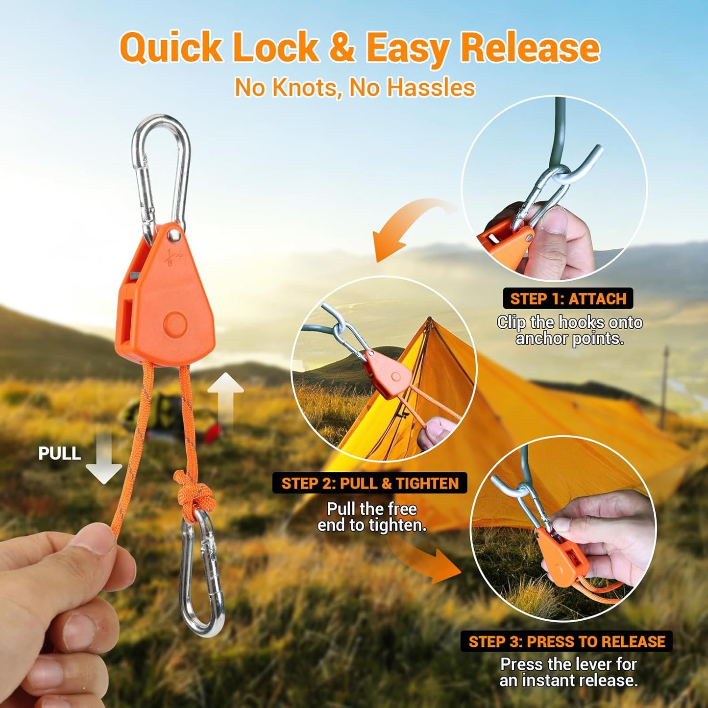 Longer 15ft Paracord Rope Tie Down Ratchet Strap Small Reflective Portable Adjustable Fix Camping Rope Tent Tarp Tie Downs Grow Plant Light Hangers Pulley Tightener Tensioner Adjuster 1/8in 8Pack