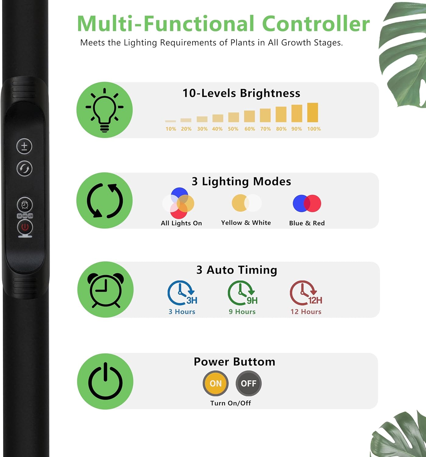 Grow Light for Indoor Plants, Full Spectrum LED Tall Plant Lights with Timer, 3 Color Modes Standing Floor Growing Lamp, 65" Height Adjustable, 10 Dimmable Levels for Large Plants
