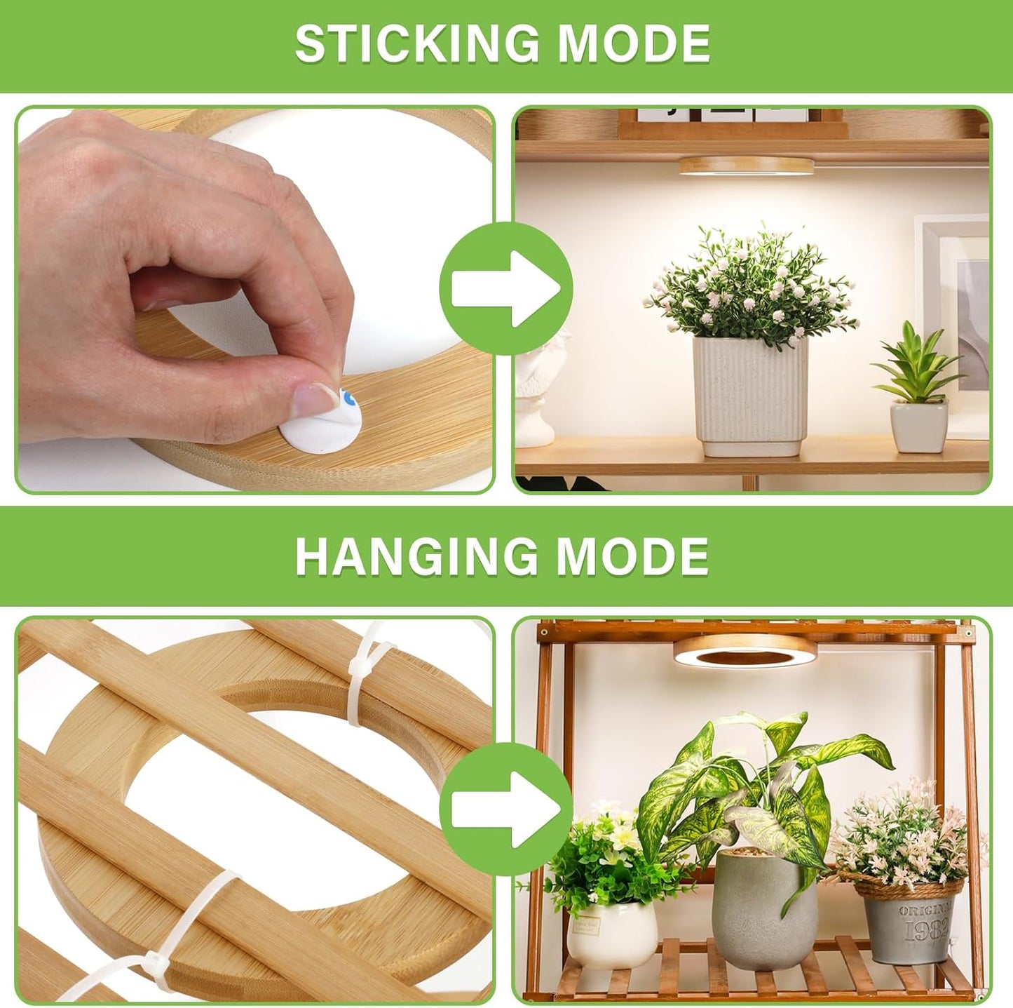 LORDEM 6.3" Bamboo Ceiling Grow Lamp for Indoor Plants, 216 LEDs Full Spectrum Halo Plant Light, Under Cabinet Grow Lights with 4/8/12H Auto Timer Switch Modes, 4 Dimmable Brightness Levels, Tri Head