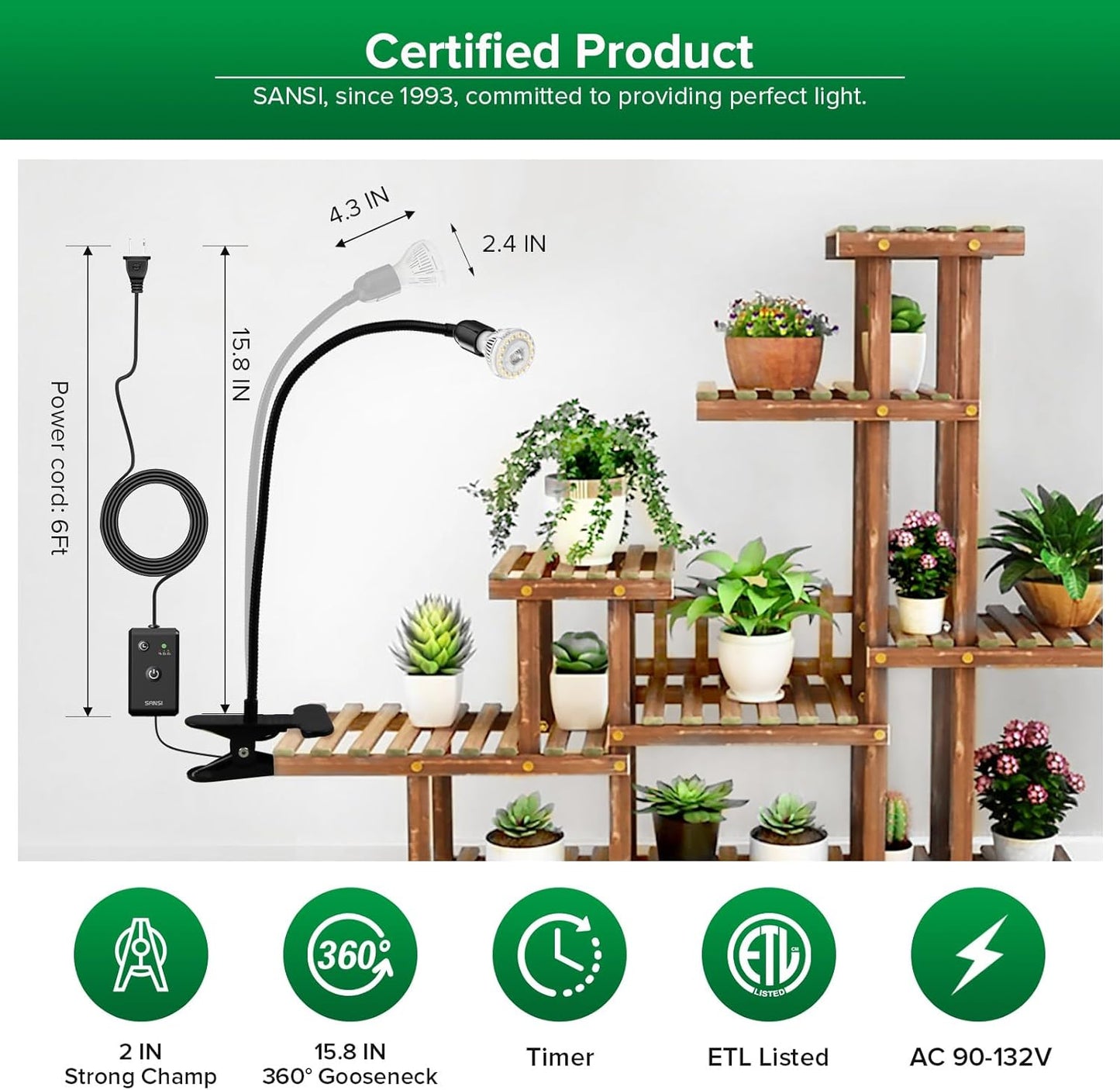 SANSI LED Grow Lights for Indoor Plants, Lifetime Free Bulb Replacement, 150W Full Spectrum Gooseneck Clip Plant Grow Light, Plant Light with Timer 4/8/12 Hrs, High PPFD Growing Power Grow Lamp