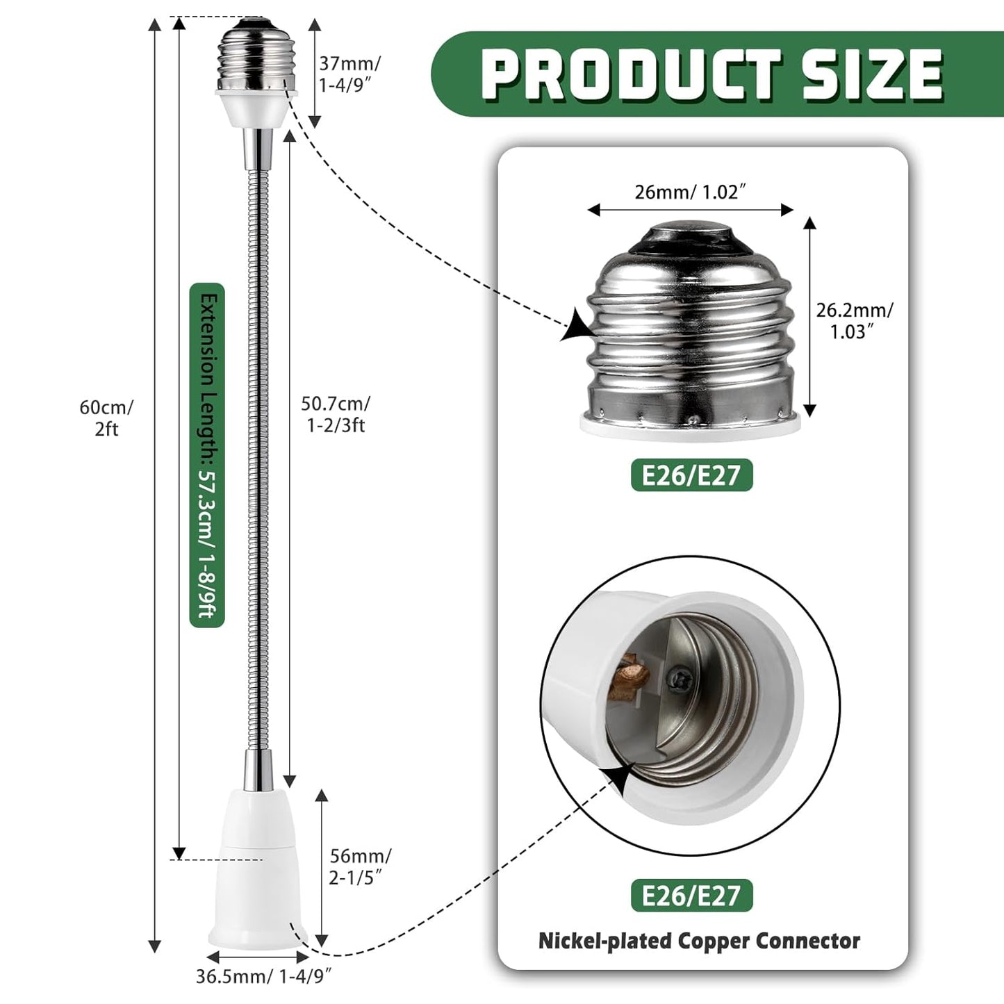 Light Socket Extender Adapter,Standard Bulb Screw Base 6inch 1ft 2ft Flexible Extension Adapter,Bendable Adjustable Extension Neck Grow Light Socket Stand
