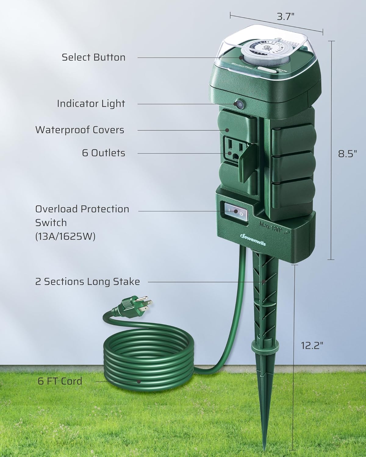 DEWENWILS Outdoor Mechanical Power Stake Timer, Waterproof, 6 Grounded Outlets(3 180°Rotatable), 6ft Cord, Outdoor Timer for Lights, Yard, Garden, 1625W/13A, UL Listed