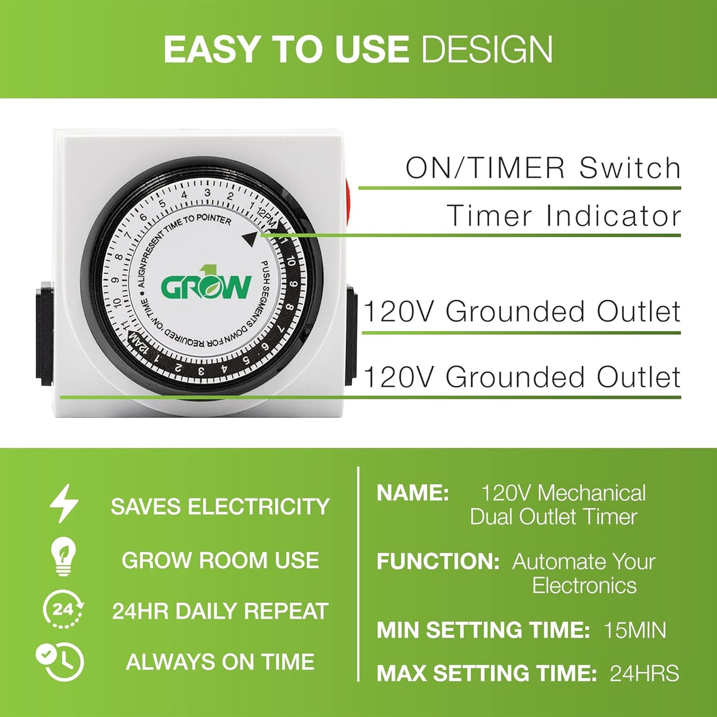 Grow1 Dual Outlet Mechanical Timer 24 Hour Hydroponics Grow Light Timers Electrical Outlets, Universal Wall Plug 3-Prong Grounded Outlet, UL Listed, 120v