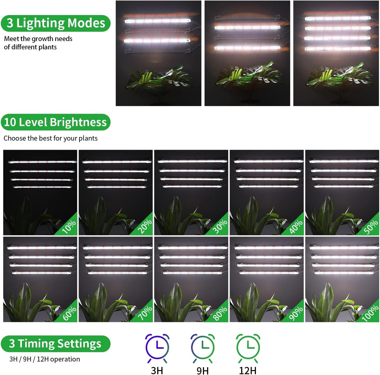 RWNTAO Grow Lights for Indoor Plants, 13" Grow Light Strips with Timer 3/9/12 H, 10 Dimmable Levels, 192 LEDs Full Spectrum Sunlight Plant Growing Lamp for Indoor Greenhouse Seedlings, 4 Head