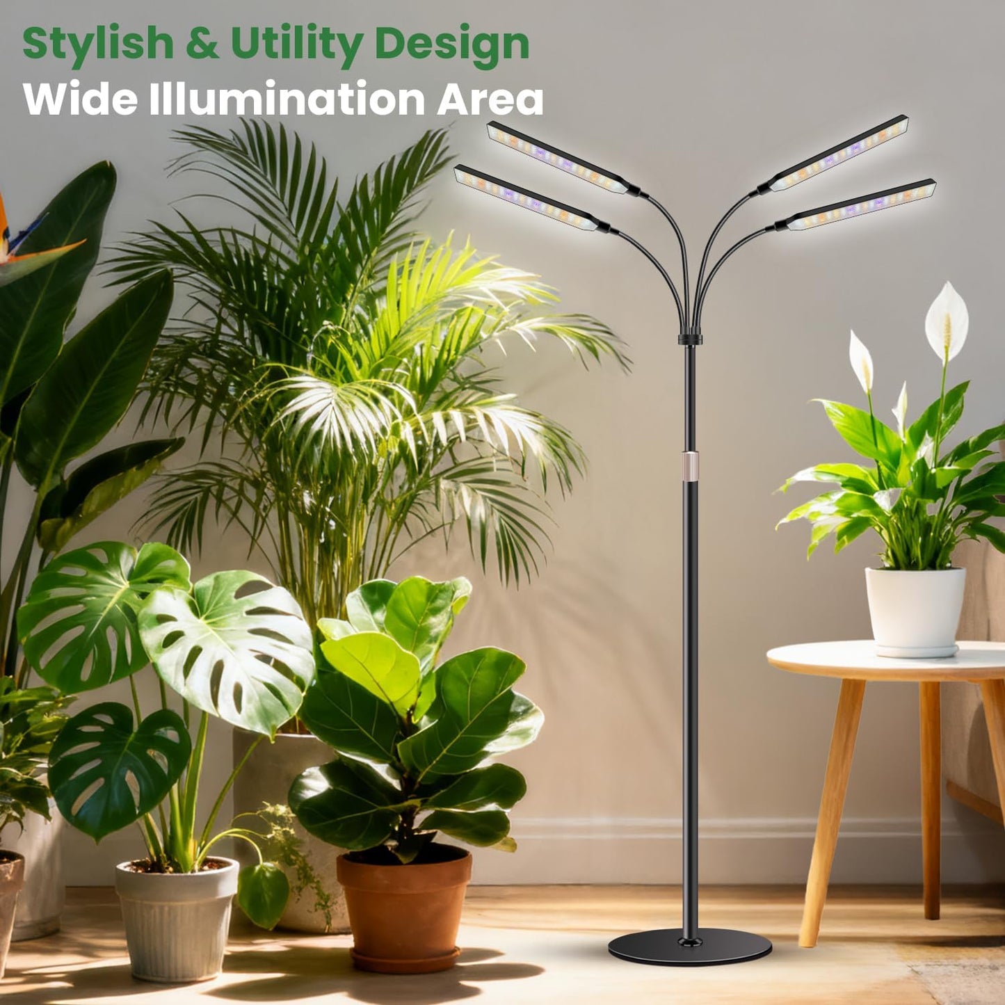 Kullsinss Grow Lights for Indoor Plants with Stand, 4-Heads Full Specturm Plant Grow Light with 4/8/12/16H Timer, 3 Color Modes, 360° Flexible Gooseneck, 24-68.7in Hight Adjustable Grow Lamp, Black