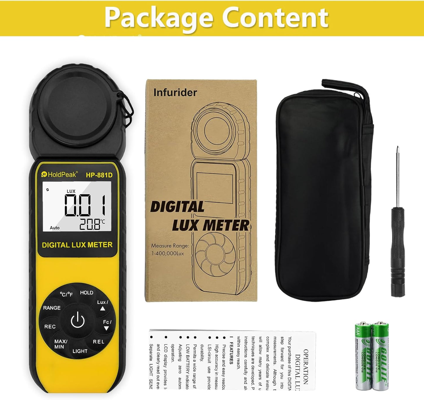 HOLDPEAK 881D Illuminance Light Meter, Digital Lux Foot Candles Meter 0.1~400,000 Lux (0.1~40,000 FC) with 270º Rotatable Detector, Par Meter Luxmeter for Plants LED Lights Indoor Outdoor Light Tester