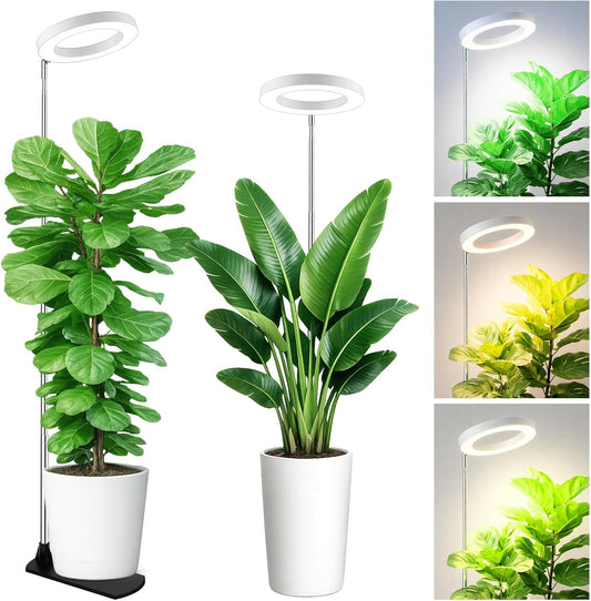 LBW Grow Lights for Indoor Plants, 6.3" Full Spectrum Plant Light with Base, 59" Height Adjustable Grow Lamp, 6/8/12/16H Auto Timer, 3 Color, 5 Dimmable Level, for Tall Large Plants, White, 2 Pack