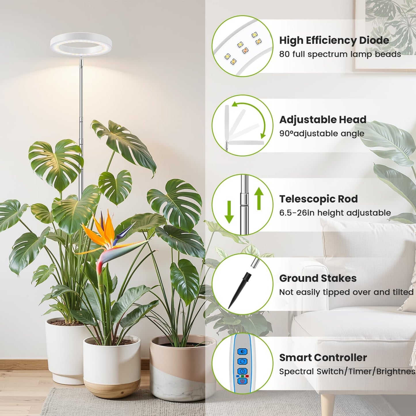 Kullsinss White Grow Light, Full Spectrum LED Plant Lights for Indoor Growing with 6/12/16H Timer, 3 Color Modes, 5 Brightness, 10"-65" Height Adjustable Plant Grow Lamp for Large Indoor Plants
