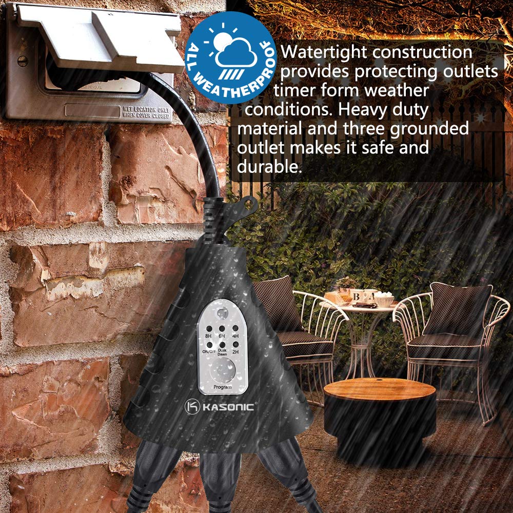 K KASONIC - Outdoor Light Timer, Waterproof Plug in Sensor Outlet Timer Switch, 100 ft Range Remote Control with 3 Grounded Electrical Outlets for Home and Garden, ELT Listed
