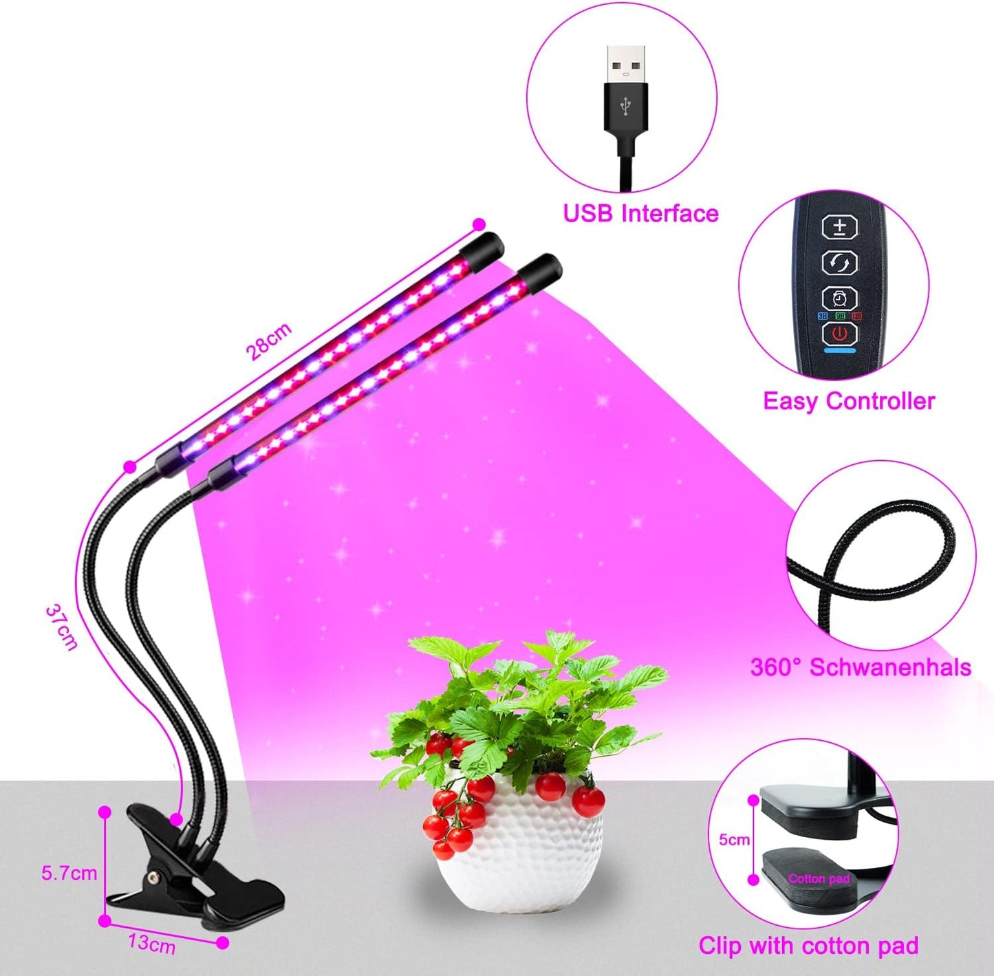 SDOVUERC Grow Lights for Indoor Plants, Full Spectrum LED Plant Lamps with Clips and 3m Cables for Seeding Growing(2 Pack)
