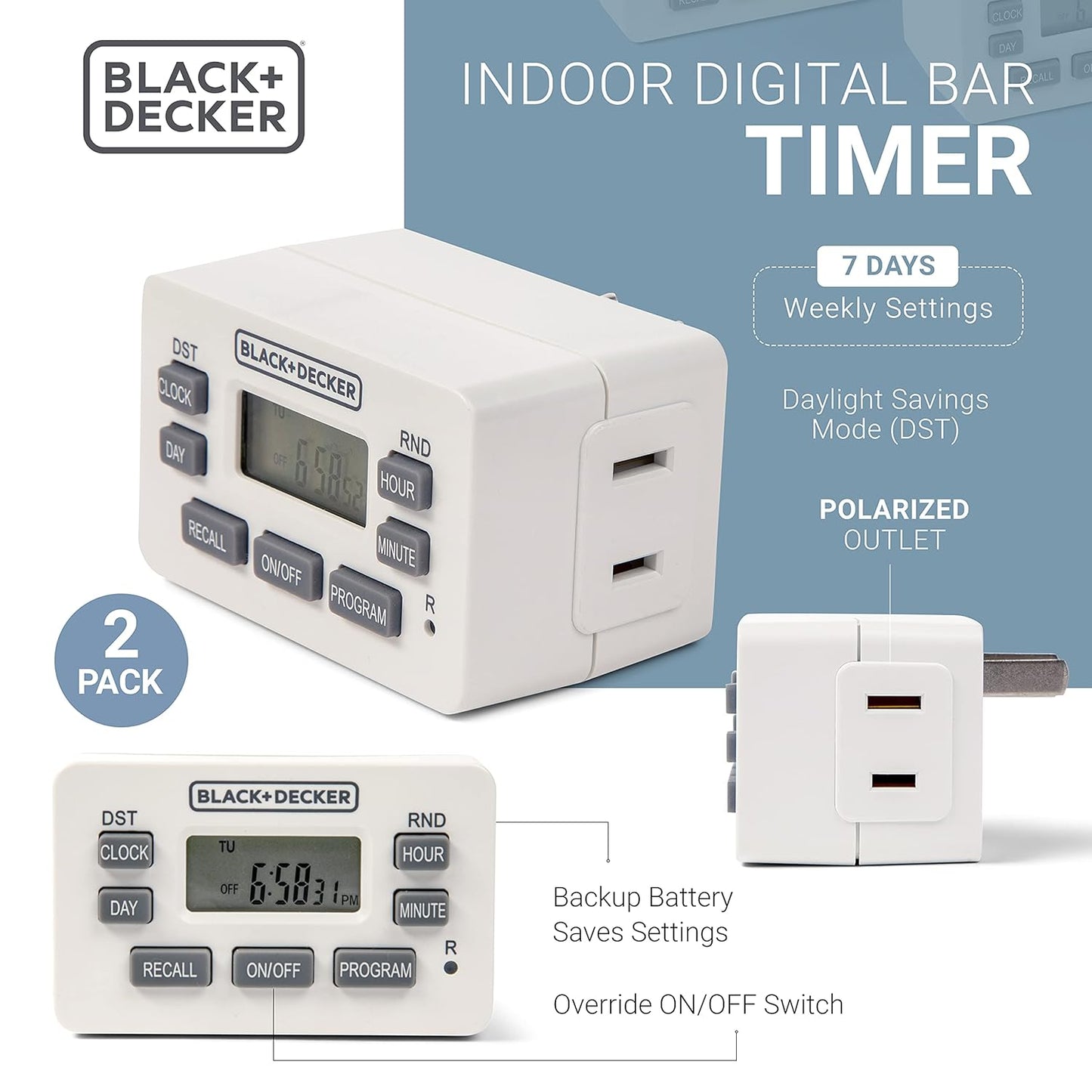 BLACK+DECKER Light Timers, Programmable, Indoor, 2 Pack, with Polarized Outlet - Compact Digital Timer Outlet with Daylight Savings Mode, 7-Day Weekly Settings - Plug Timer for Appliances, Lamps