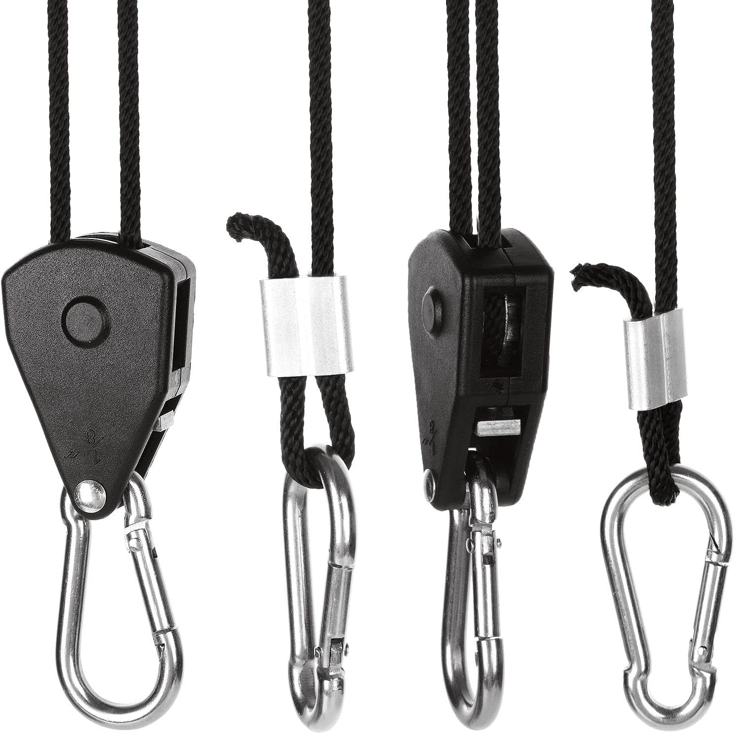 12 Pack Rope Clip Hanger 1/8 Inch 8 FT Adjustable Lifting Pulley Lanyard Hanger with M5 Iron Galvanized Carabiner, Reinforced Metal Internal Gears Ratchets 150lbs Capacity, Black