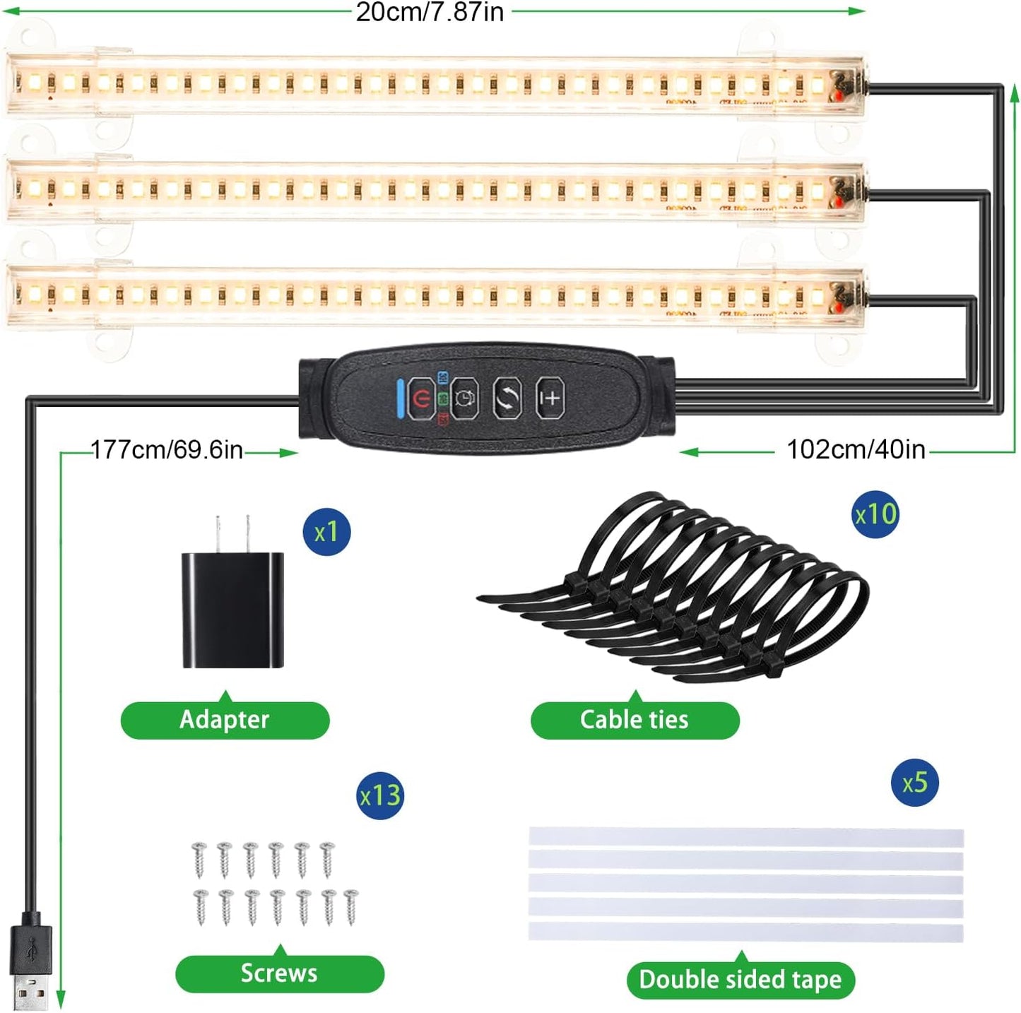 RWNTAO 3 Head 7.8 Inches LED Grow Light Strips, Grow Lamps for Indoor Plants Full Spectrum 3000K, 72 LEDs Plant Light Strips with 3/9/12H Timer, 10 Dimmable Levels for Seedling Succulent