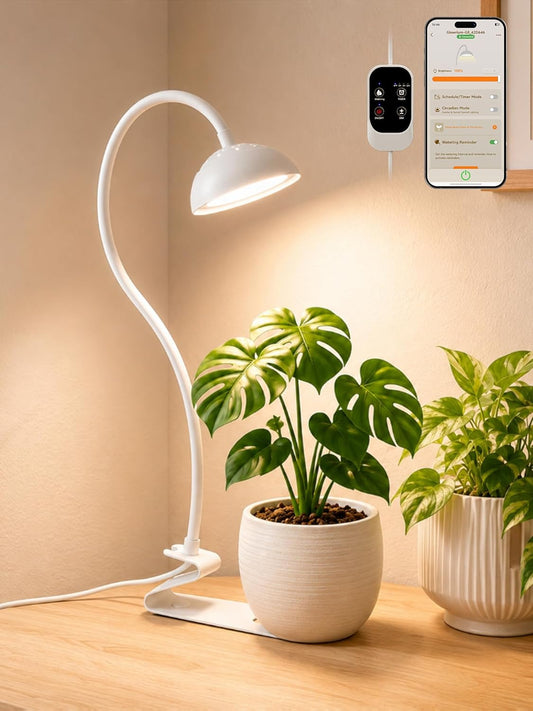 GLOWRIUM Smart Grow Lights for Indoor Plants,10W Full Spectrum LED Plant Light with 3/9/12 Timer,10 Dimmable Levels,Height Adjustable Grow Light with Base (White)