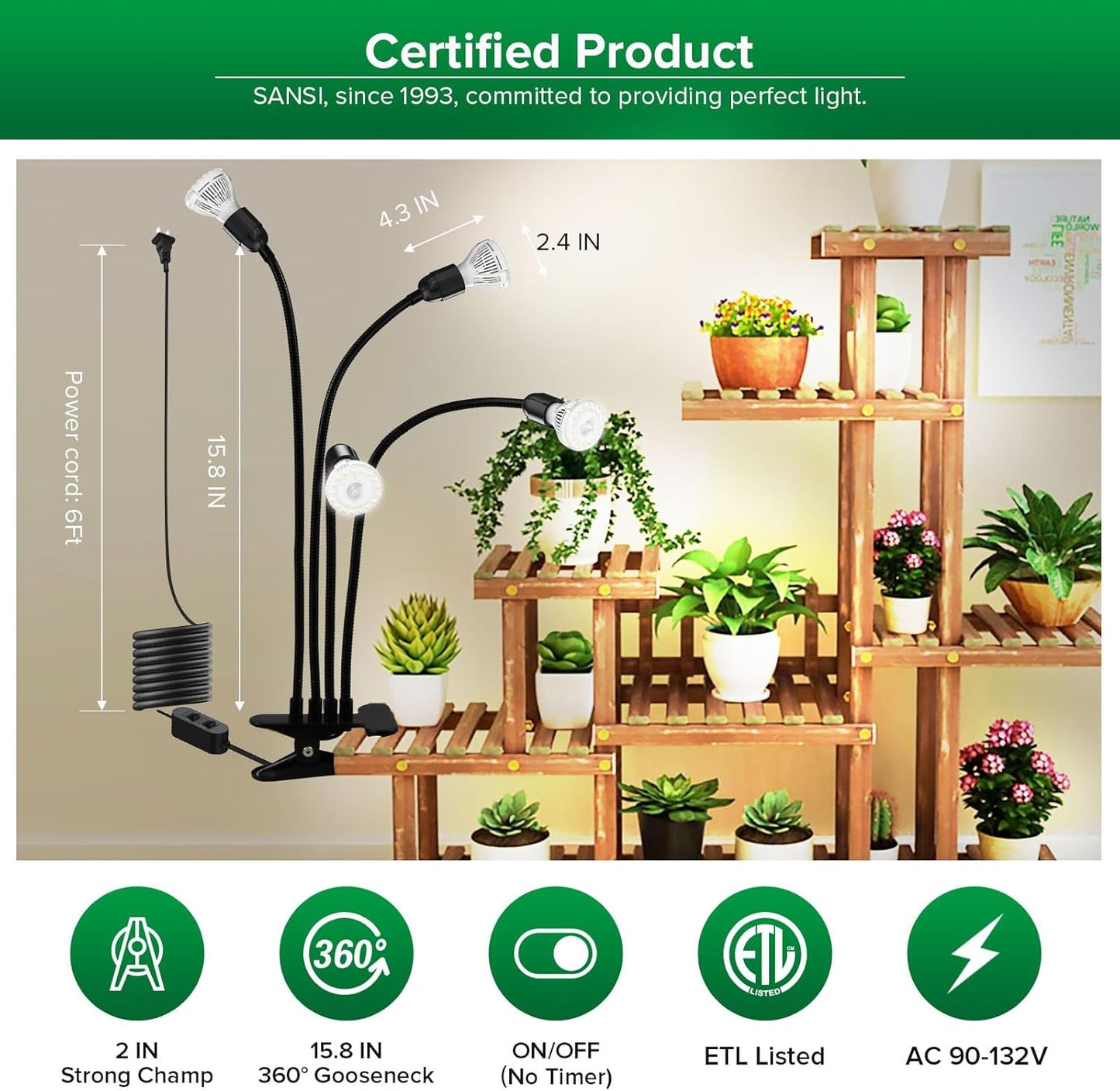 SANSI LED Grow Lights for Indoor Plants, 600W Full Spectrum Gooseneck Clamp Grow Lamp, 40W Power Plant Light with High PPFD for Seeding, Lifetime Free Bulb Replacement Plant Lights for Indoor, 4 Head