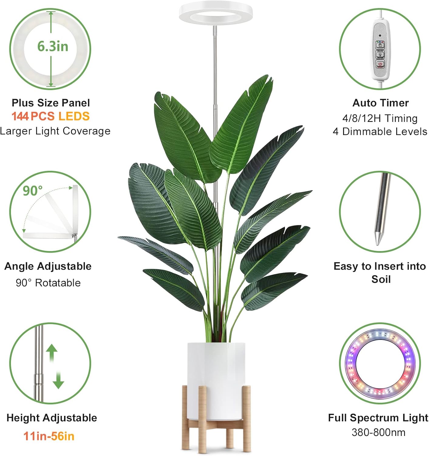 LBW Plant Grow Light, 72 LEDs Full Spectrum Grow Lights for Indoor Plants, Large Plant Lamp with 4 Dimmable Levels, 4/8/12H Auto Timer, Height Adjustable, Halo Growing Lamp for Tall Plants, 2 Pack