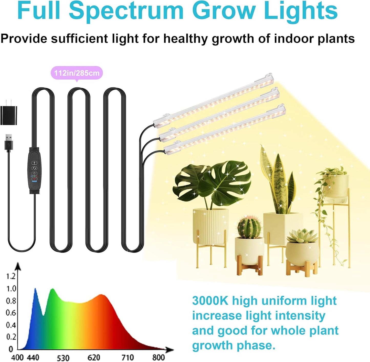 Hywyimlait LED Grow Light Strips, Grow Lamps for Indoor Plants Full Spectrum 3000K, 72 LEDs Plant Light with 3/9/12H Timer, 10 Dimmable Levels for Seedling Succulent, 3 Head 7.8 Inches