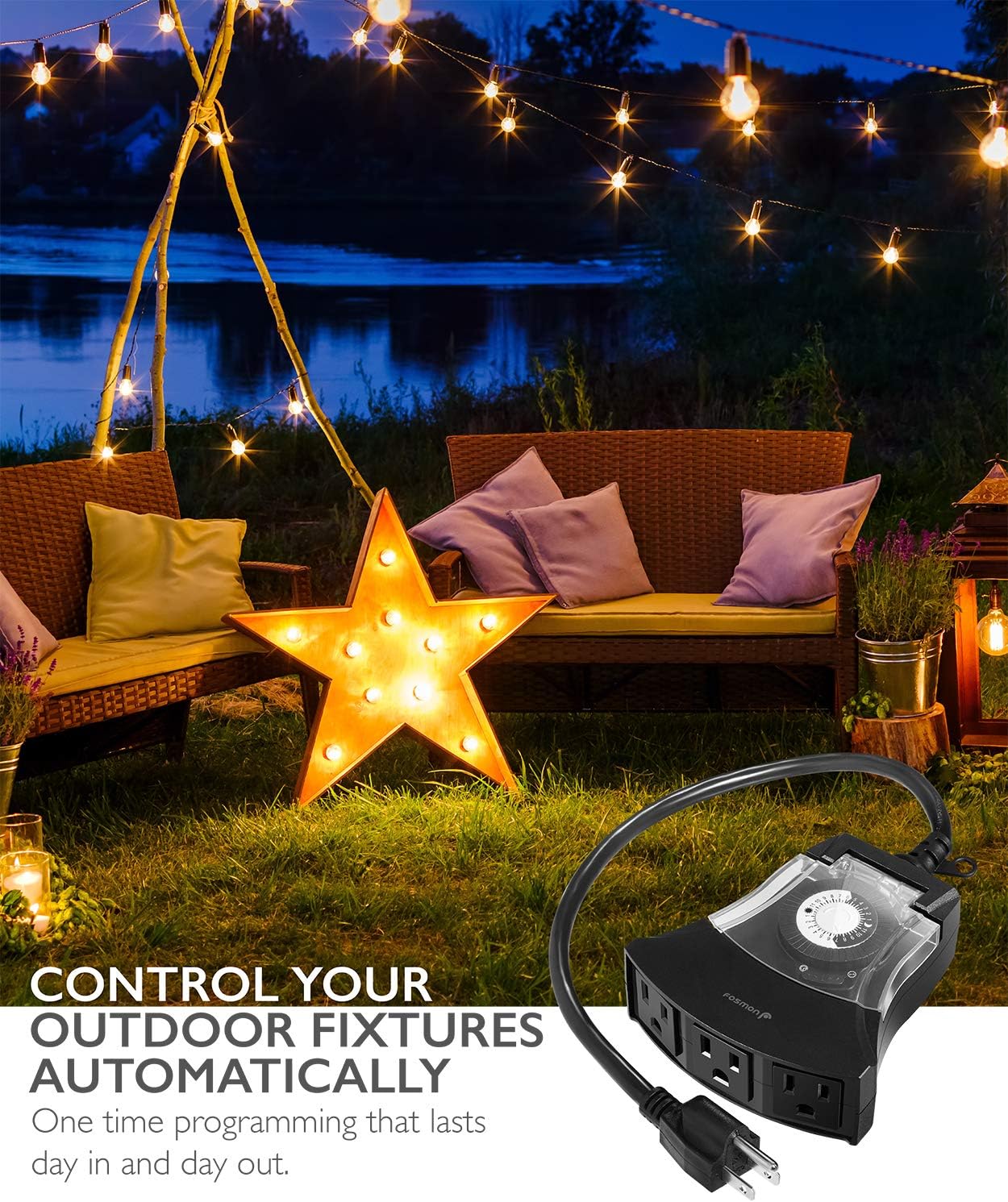 Fosmon Outdoor Timer Outlet Waterproof, Outdoor Light Timer for Electrical Outlets, Weatherproof 24 Hour Mechanical Heavy Duty Plug for Outside Lighting, Garden, 15A, 3-Prong, Grounded, ETL Listed