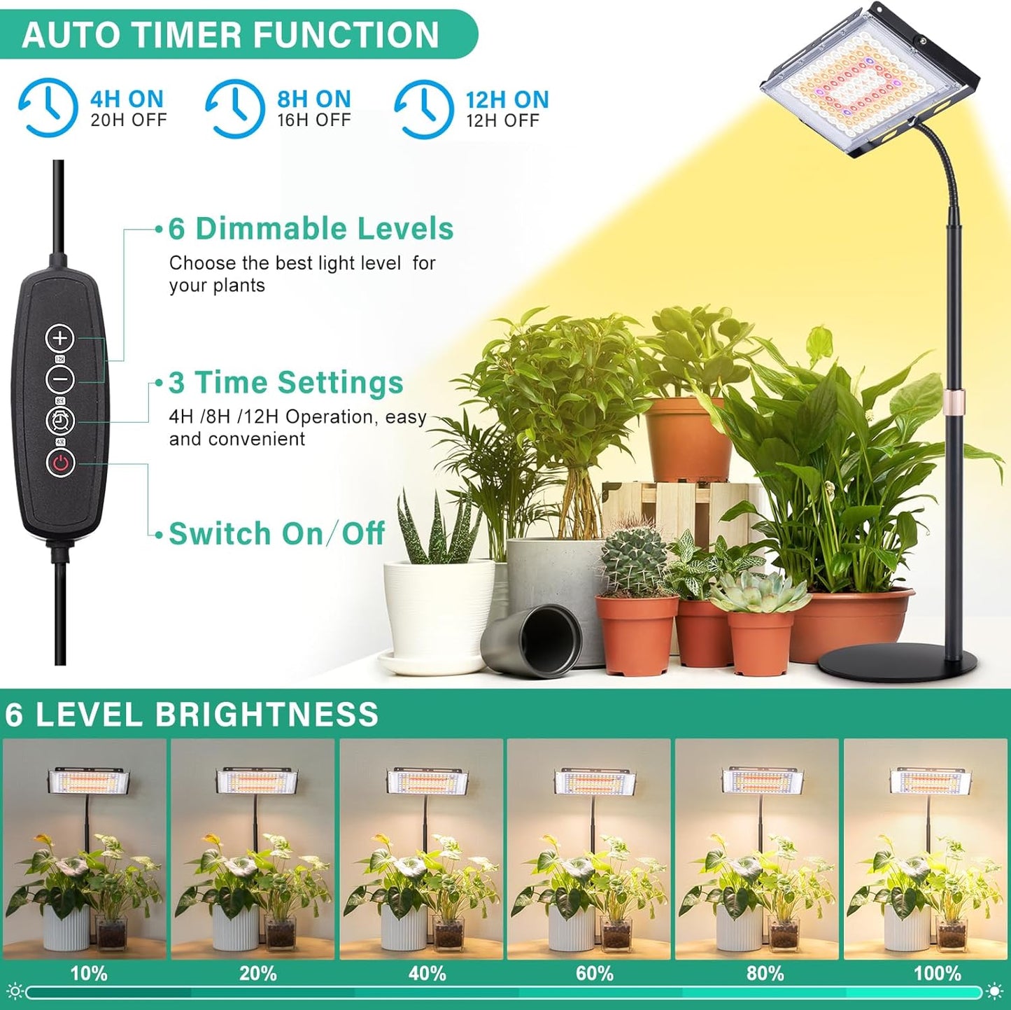 LBW Grow Light for Indoor Plants, Full Spectrum Desk LED Plant Light, Large Grow Lamp with 4H/8H/12H Timer, 6-Level Brightness, Height Adjustable, Flexible Gooseneck,Ideal for Indoor Growth
