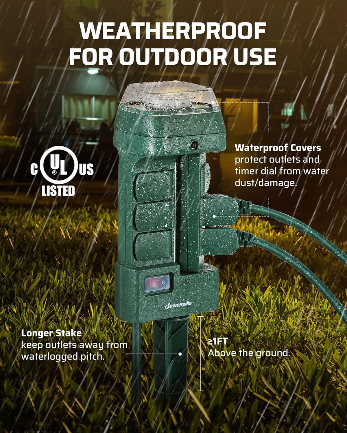 DEWENWILS Outdoor Mechanical Power Stake Timer, Waterproof, 6 Grounded Outlets(3 180°Rotatable), 6ft Cord, Outdoor Timer for Lights, Yard, Garden, 1625W/13A, UL Listed