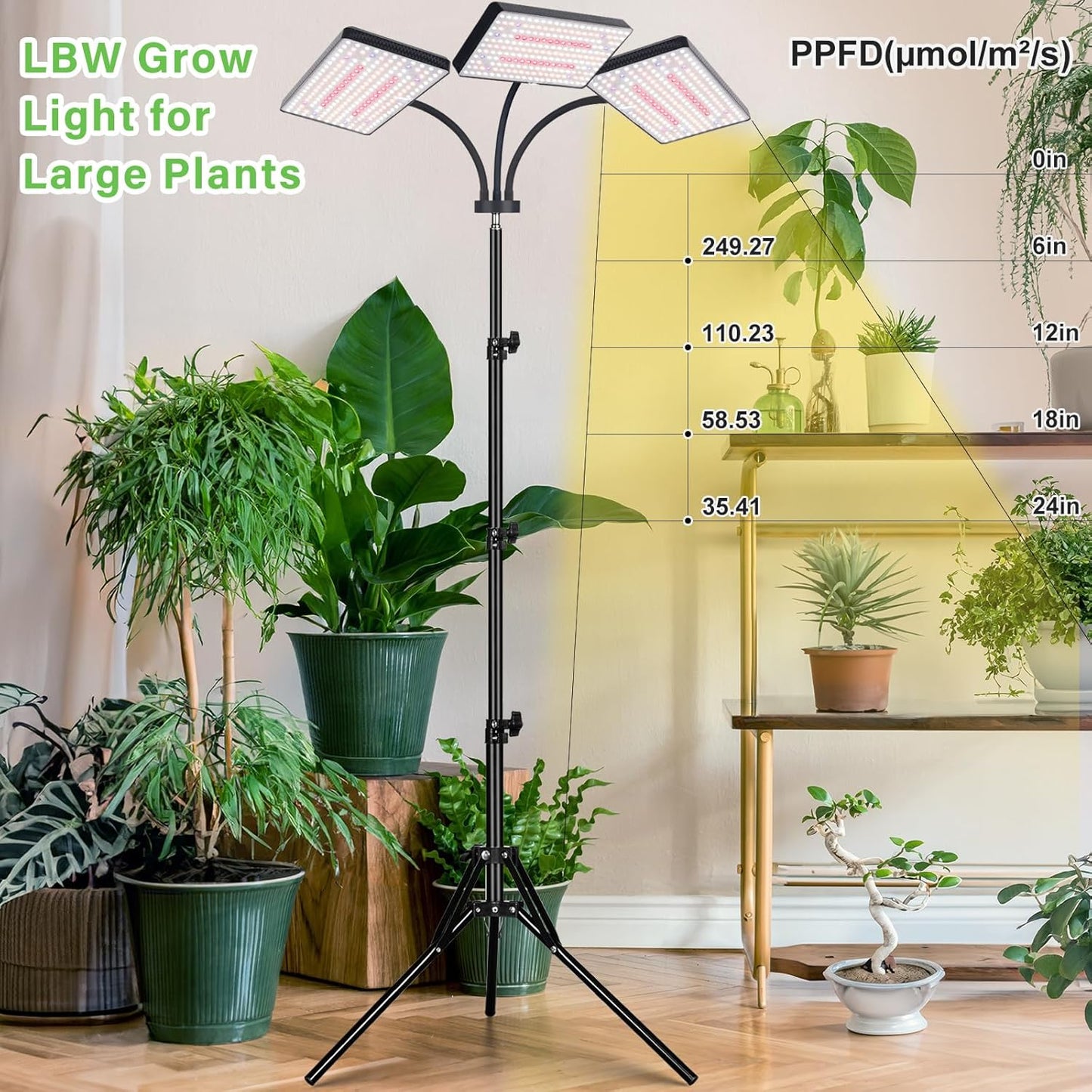 LBW Grow Lights for Indoor Plants with Stand, 642 LEDs Full Spectrum Standing Grow Light, Tall Floor Lamp with 3/6/12H Timer, 6 Brightness, 3 Modes, 63" Adjustable Tripod