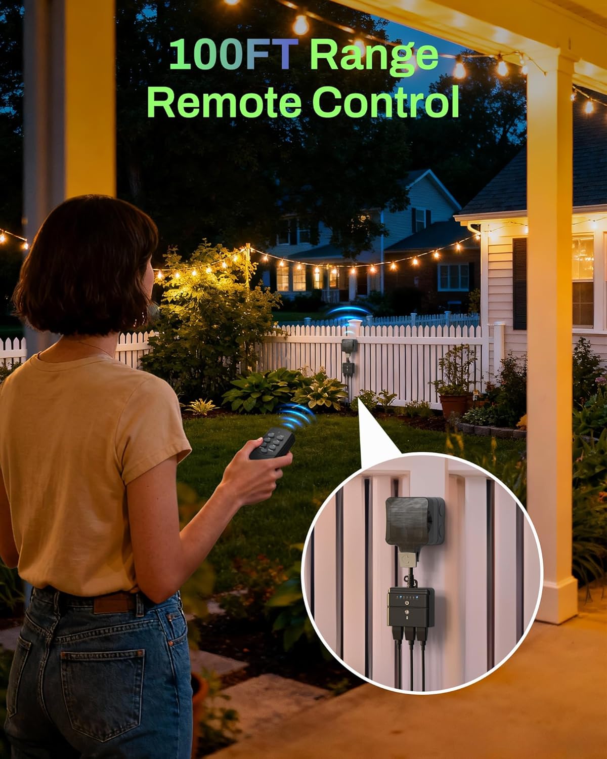 BN-LINK Outdoor Light Timer, Waterproof Plug-in Dusk-to-Dawn Controller with 3 Grounded Outlets for Christmas & Halloween String Lights, 15A 1/2HP, ETL Listed, 100 ft RF Range, Remote Included