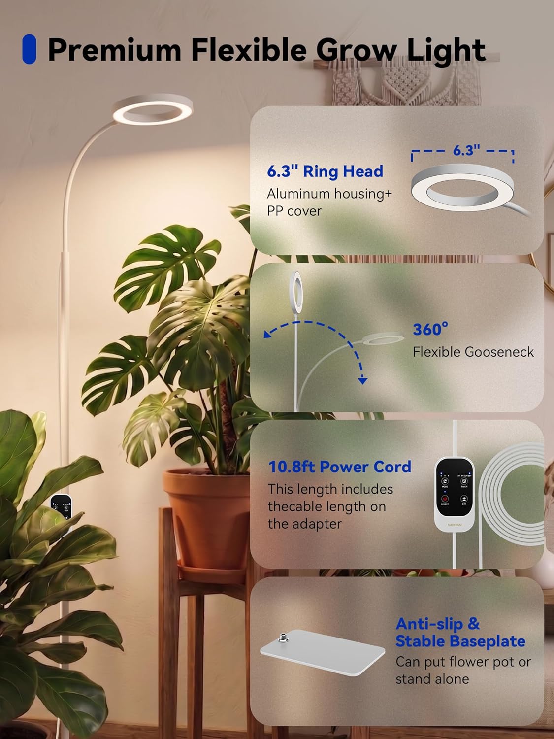 GLOWRIUM Grow Lights for Indoor Plants,20W Full Spectrum LED Plant Light with Stand,Adjustable Height,3/9/12H Timer,6 Dimmable Levels & 3 Lighting Modes (White-Single Head)