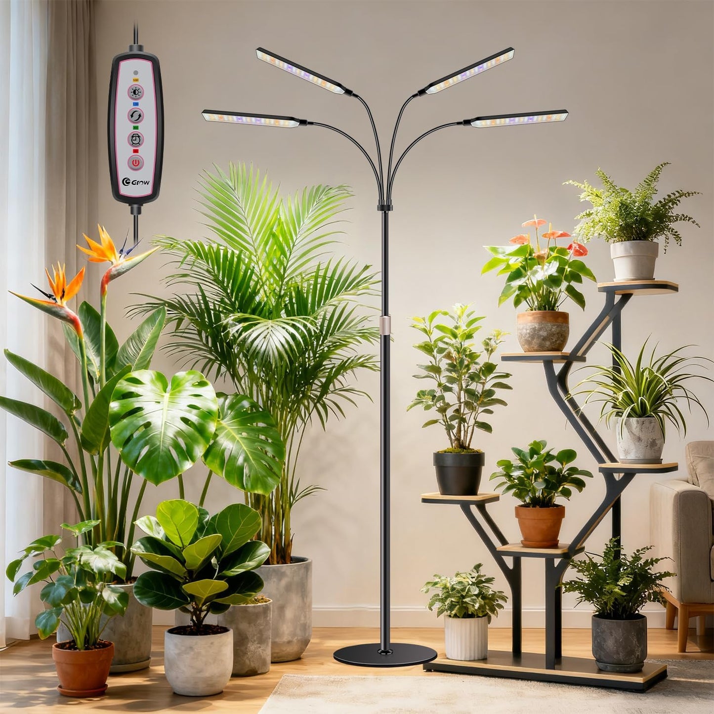 Kullsinss Grow Lights for Indoor Plants with Stand, 4-Heads Full Specturm Plant Grow Light with 4/8/12/16H Timer, 3 Color Modes, 360° Flexible Gooseneck, 24-68.7in Hight Adjustable Grow Lamp, Black