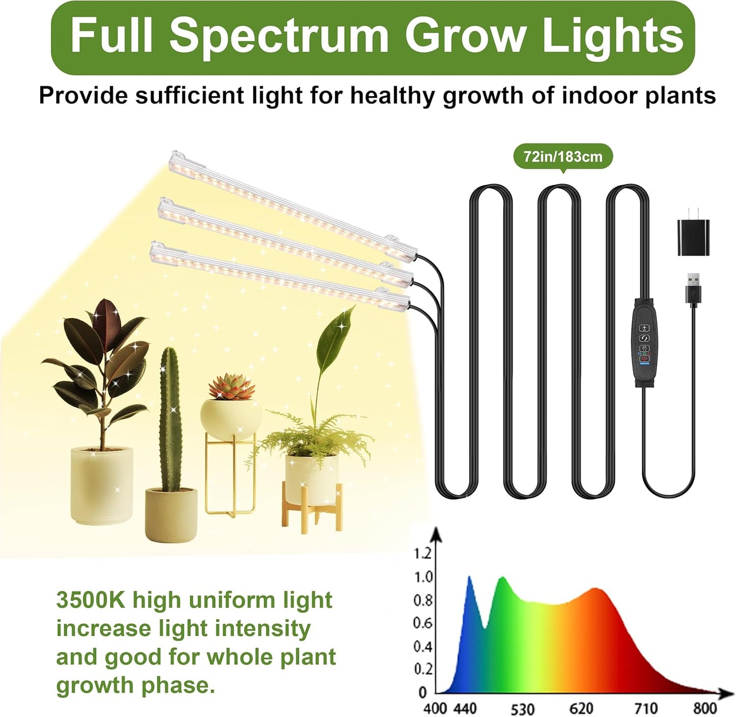 8.6'' LED Grow Light Strips, Full Spectrum 3500K Grow Lights for Indoor Plants, 3 Head with 3/9/12H Timer, 10 Dimmable Levels, Suitable for Seedling, Succulent, Plant Shelf and Greenhouse, 1-Pack